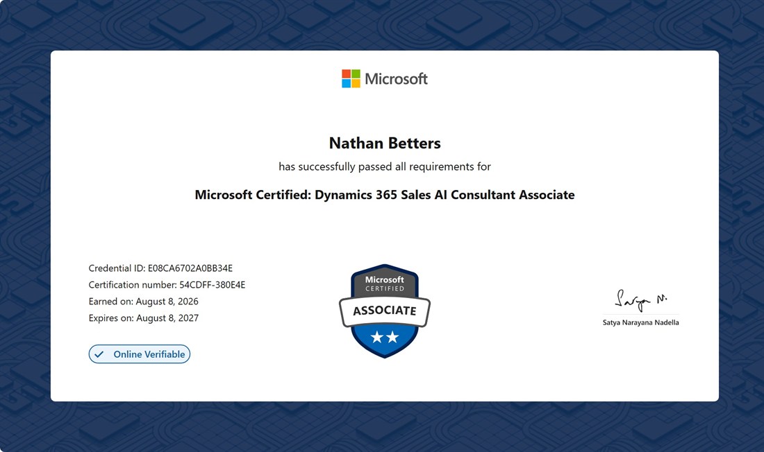 Microsoft Certified: Dynamics 365 Sales AI Consultant Associate certificate