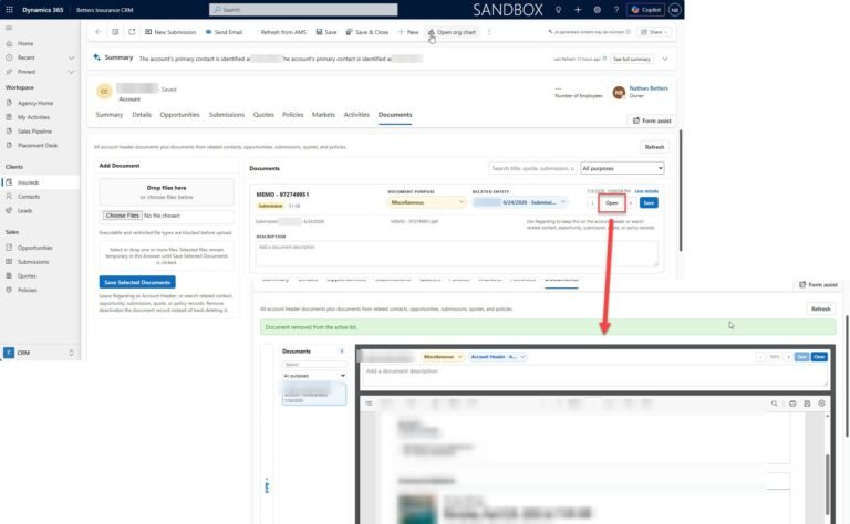 A custom document management module in Dynamics 365 with drag-and-drop upload, document purpose tagging and an inline preview
