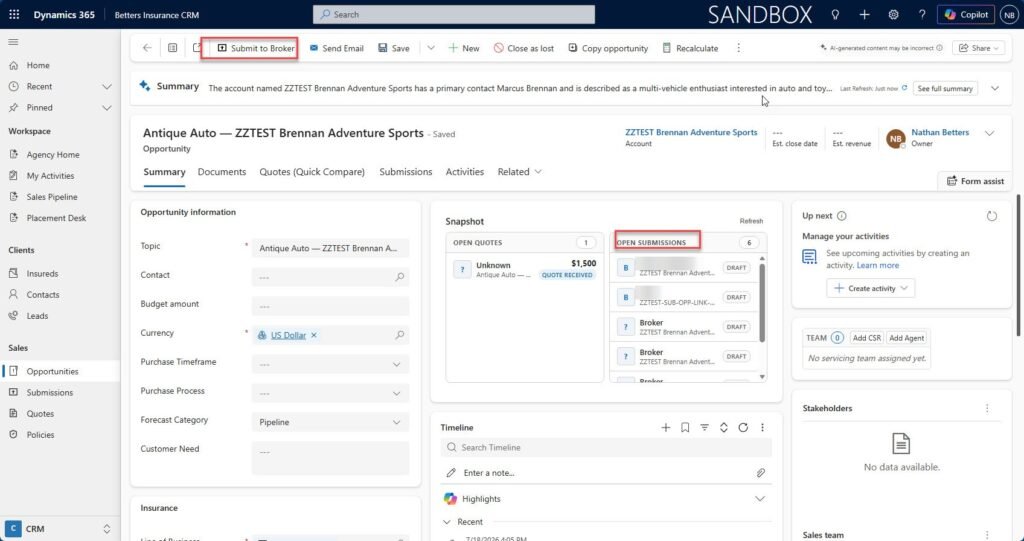 A Dynamics 365 opportunity record with a Submit to Broker action and a live panel of open submissions and their statuses