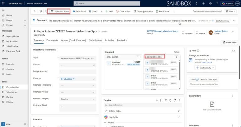 A Dynamics 365 opportunity record with a Submit to Broker action and a live panel of open submissions and their statuses