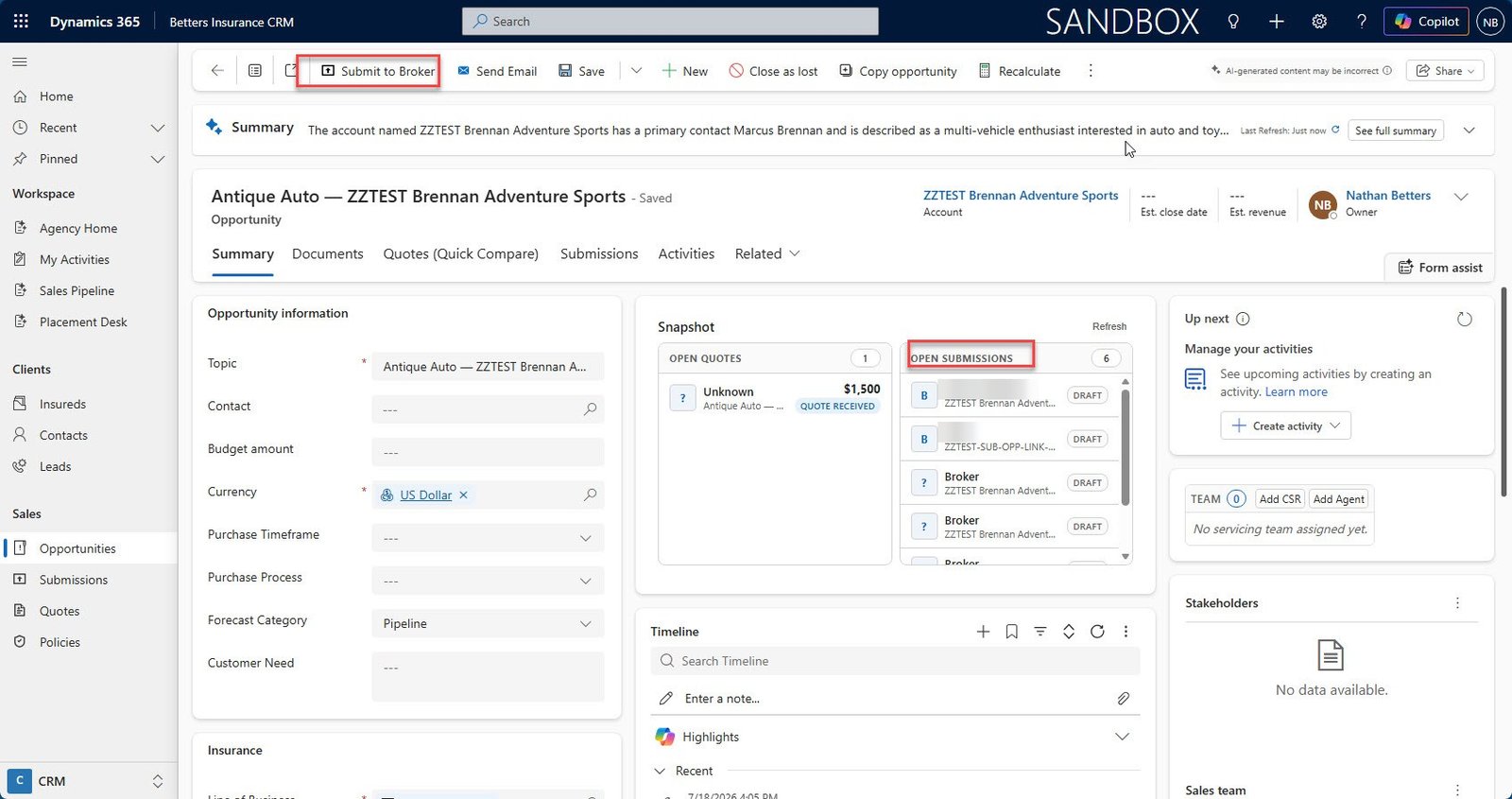 A Dynamics 365 opportunity record with a Submit to Broker action and a live panel of open submissions and their statuses