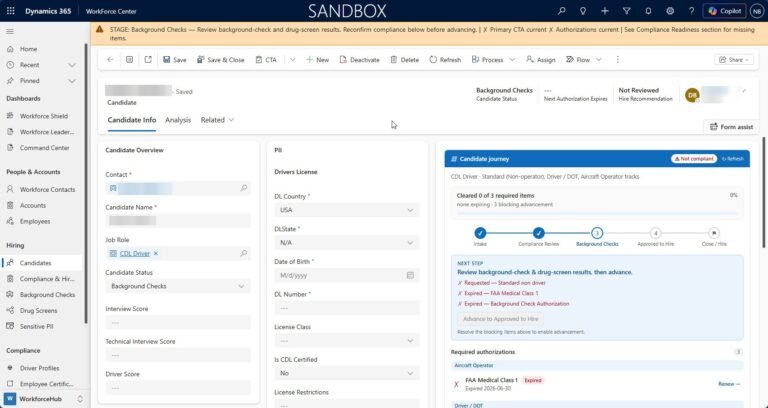 A candidate onboarding record in Dynamics 365 showing a compliance journey with stage progress and required authorizations