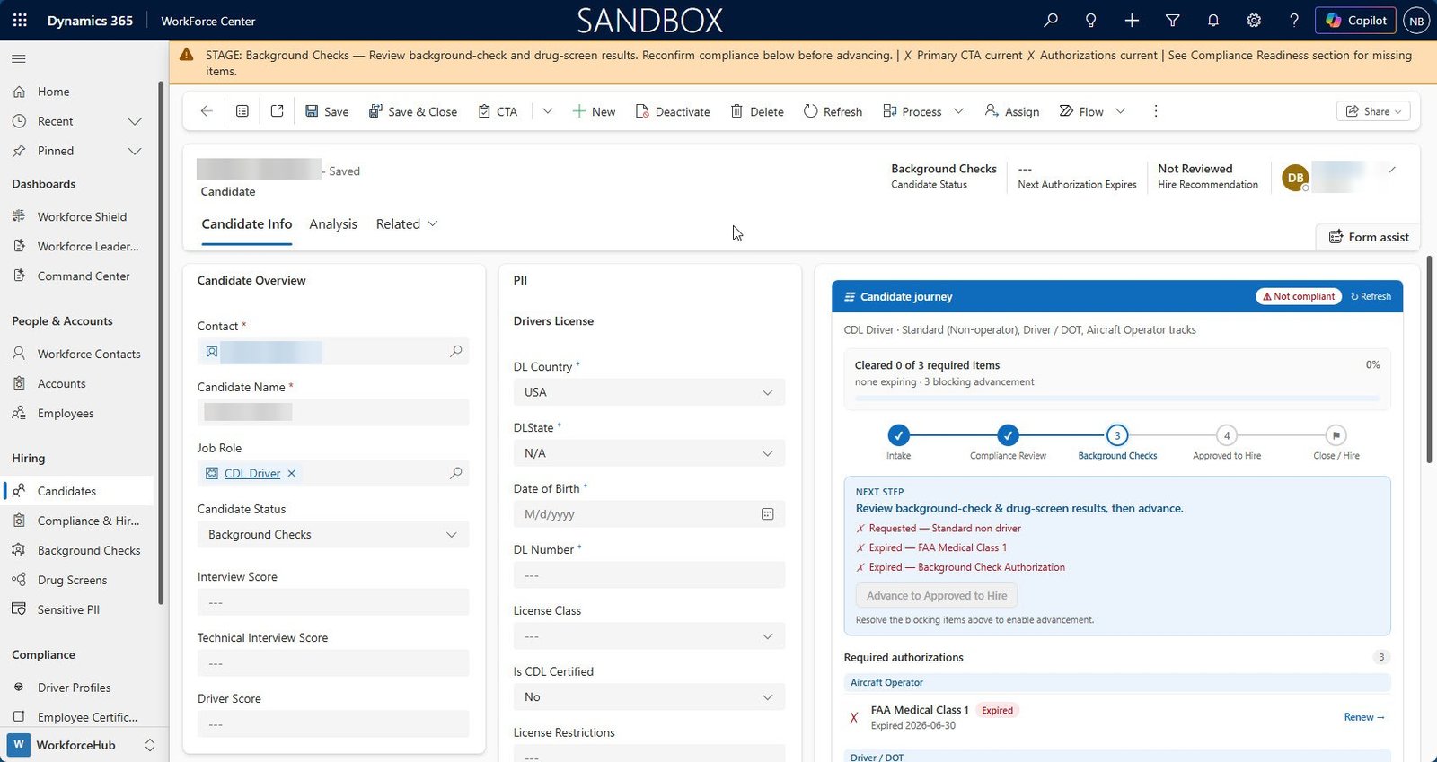 A candidate onboarding record in Dynamics 365 showing a compliance journey with stage progress and required authorizations