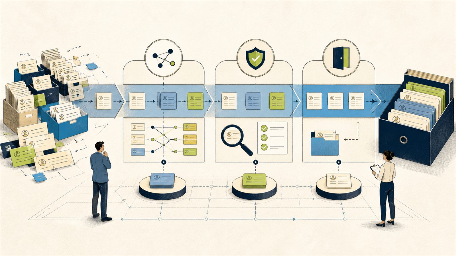 Customer records move through mapping, validation, and controlled cutover checkpoints under human review.