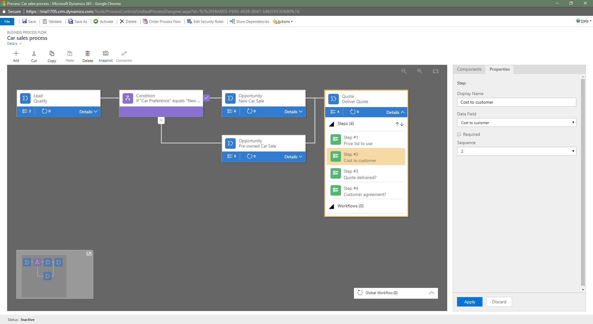 Microsoft Dynamics 365 business process flow designer showing quote-delivery steps after two sales branches merge.