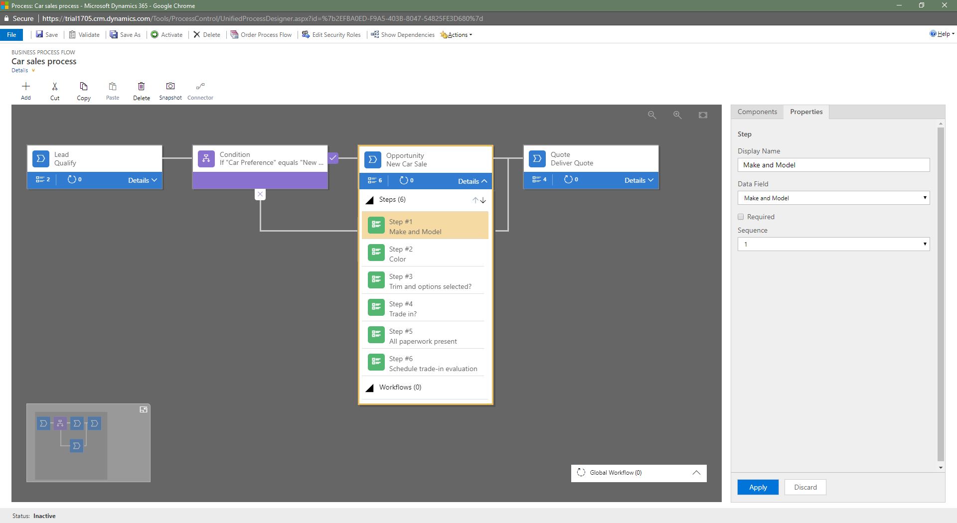 Microsoft Dynamics 365 business process flow designer showing a conditional branch and the steps in a new-car sales stage.