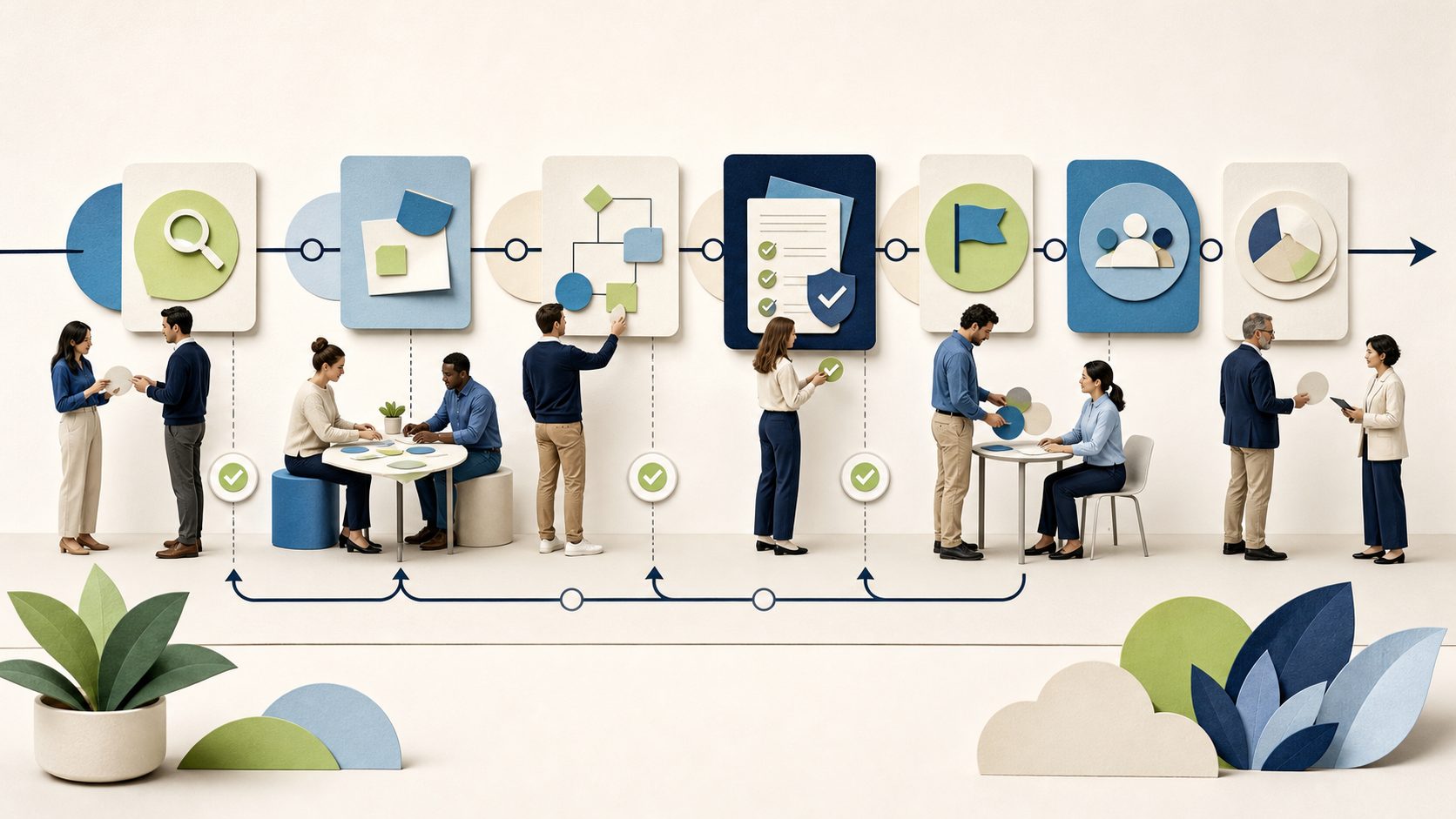 A consulting team moves a workflow through discovery, design, testing, release, adoption, and review checkpoints.