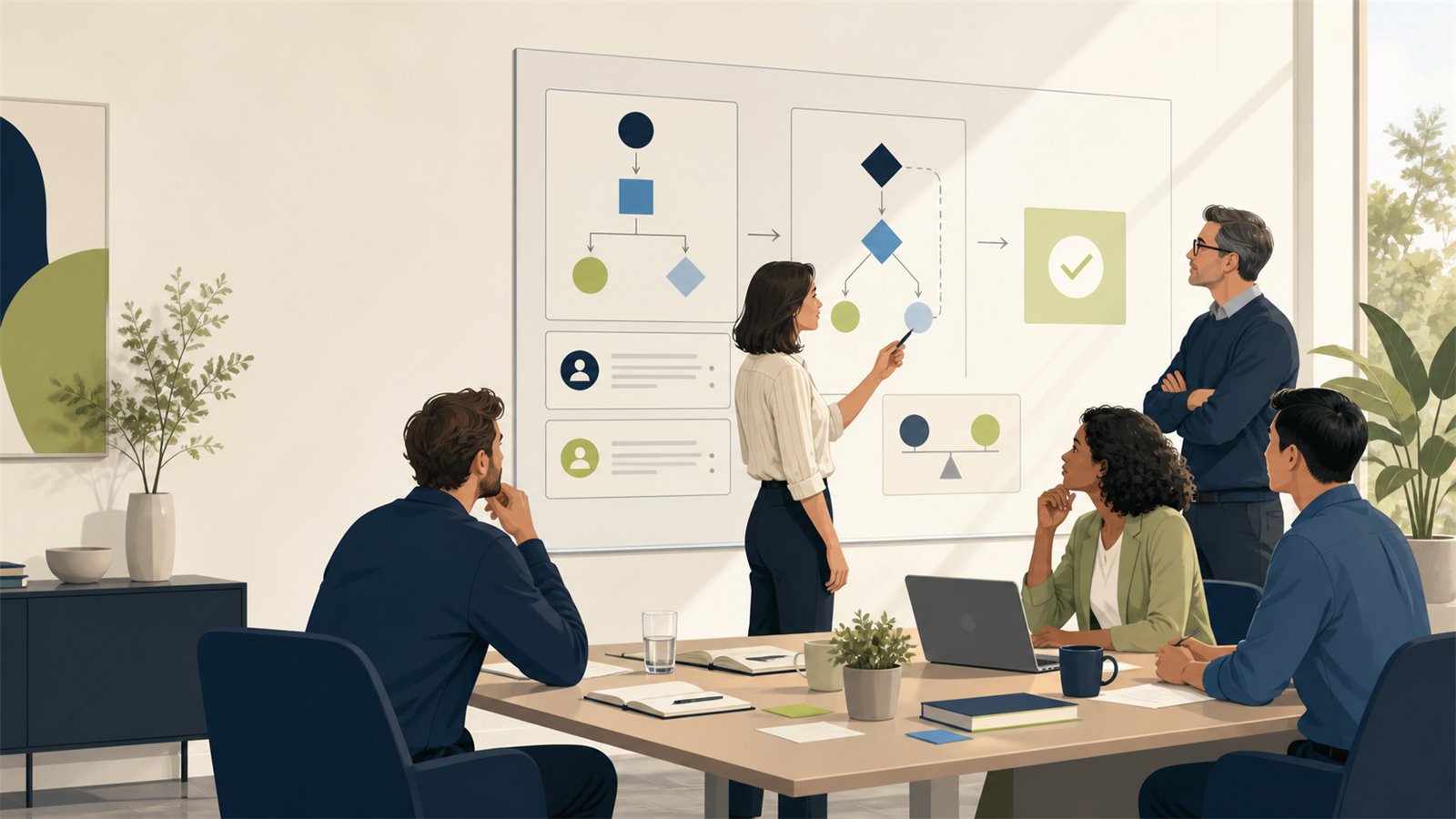 Professional services leaders review a workflow, access roles, and an approval path during a licensing governance workshop.