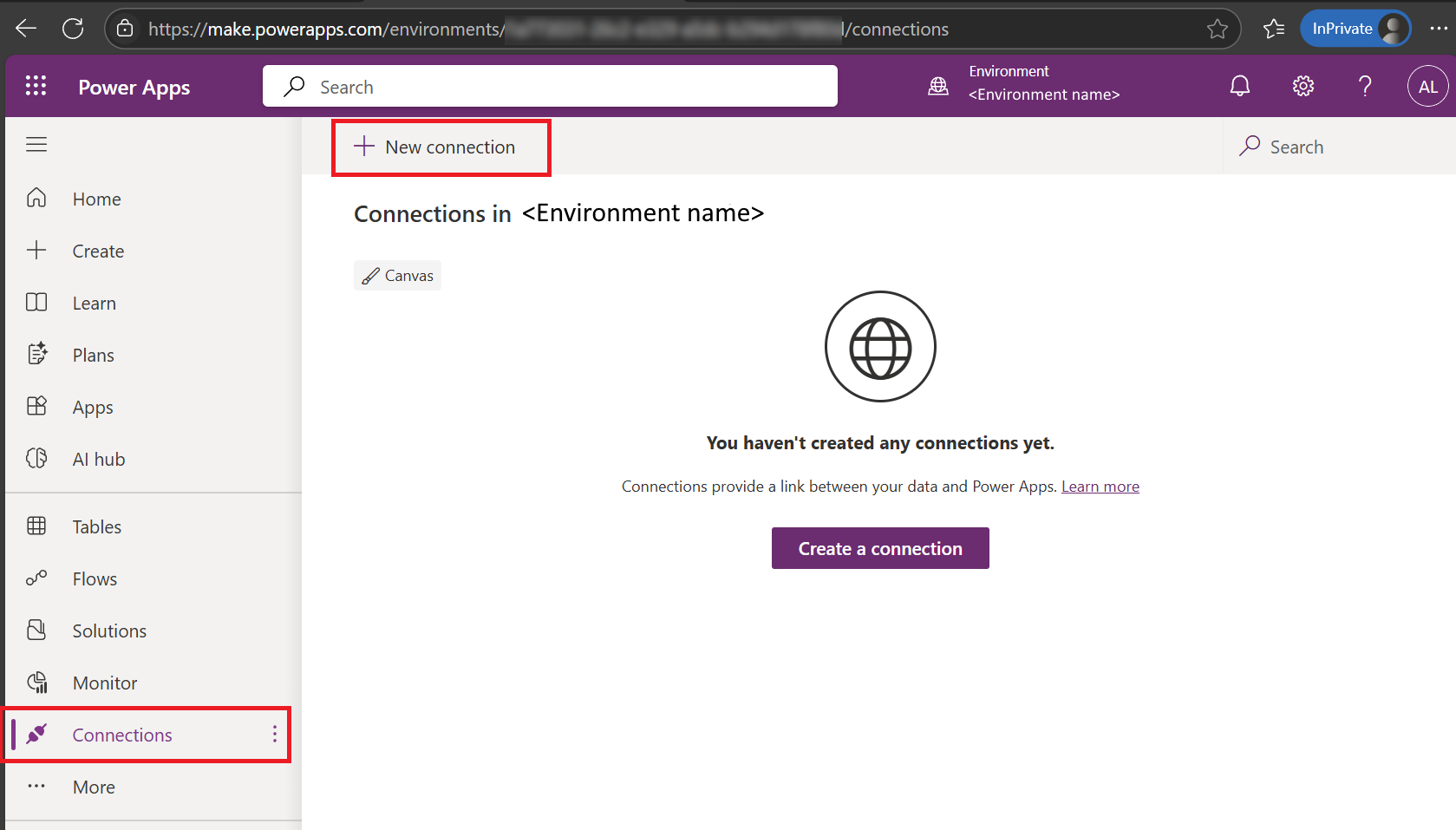 Power Apps Connections page with the New connection action highlighted.