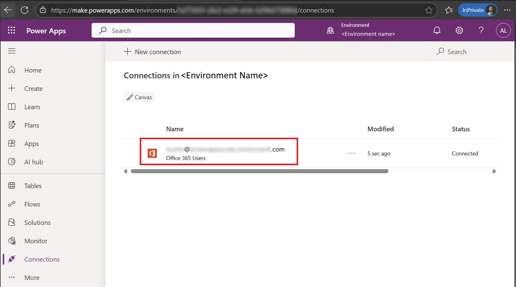 Power Apps Connections page showing a connected Microsoft 365 data connection.