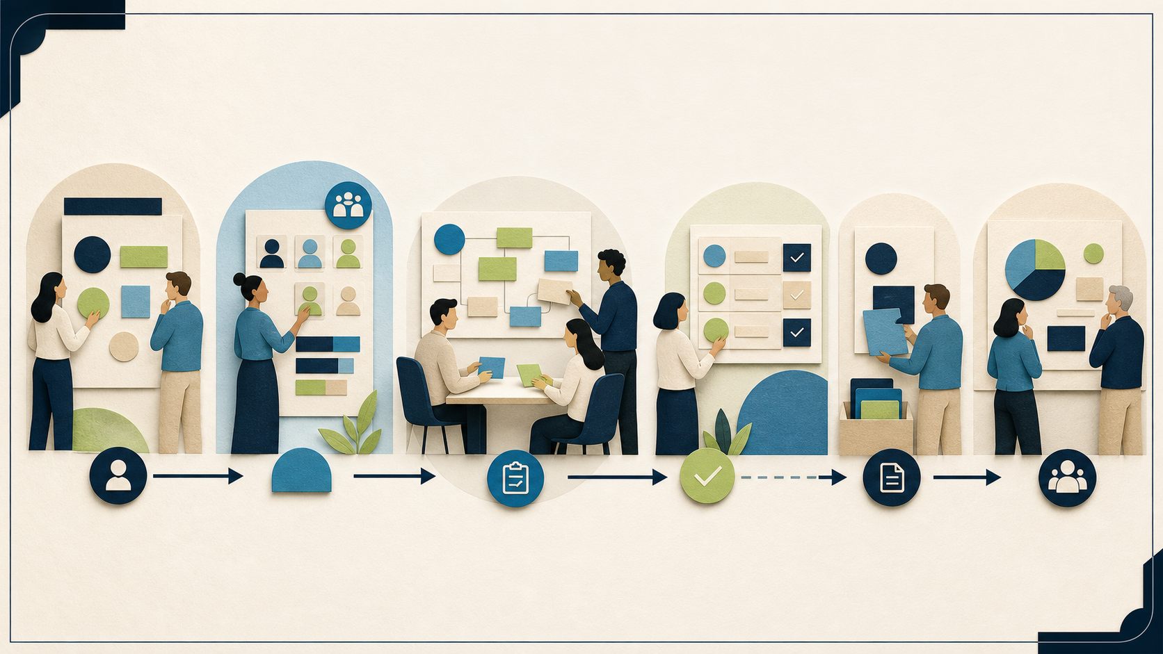 A professional services workflow moves from scope and staffing through delivery, approval, billing readiness, and review.