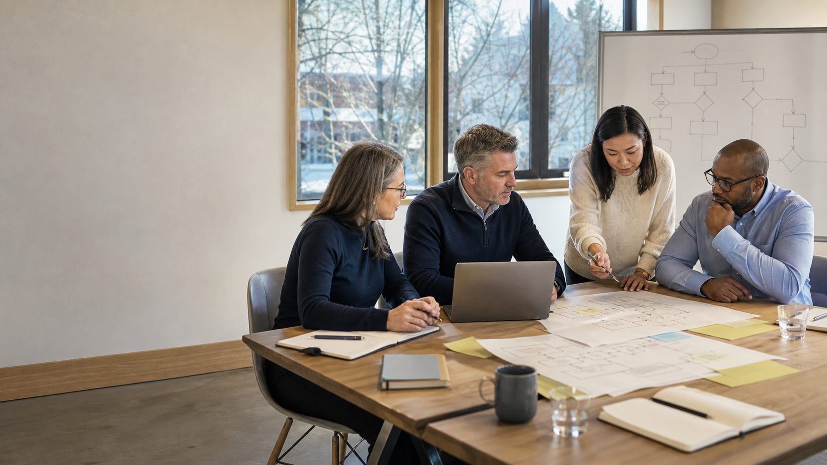 Professional services leaders reviewing a client workflow in a Minnesota office