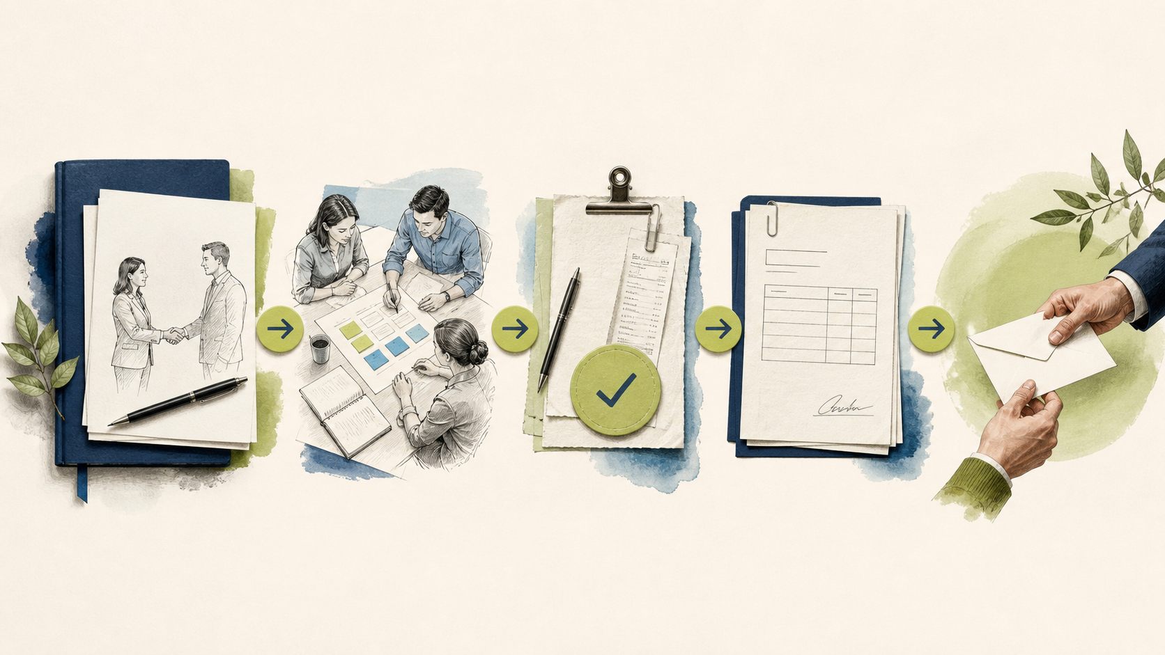 A project handoff moves through delivery review, approval, invoicing, and payment.