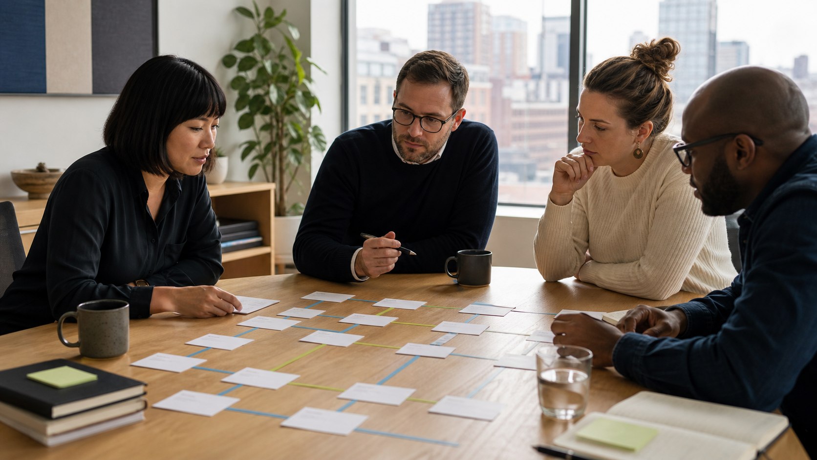 Business leaders map connected workflow handoffs together around a conference table.