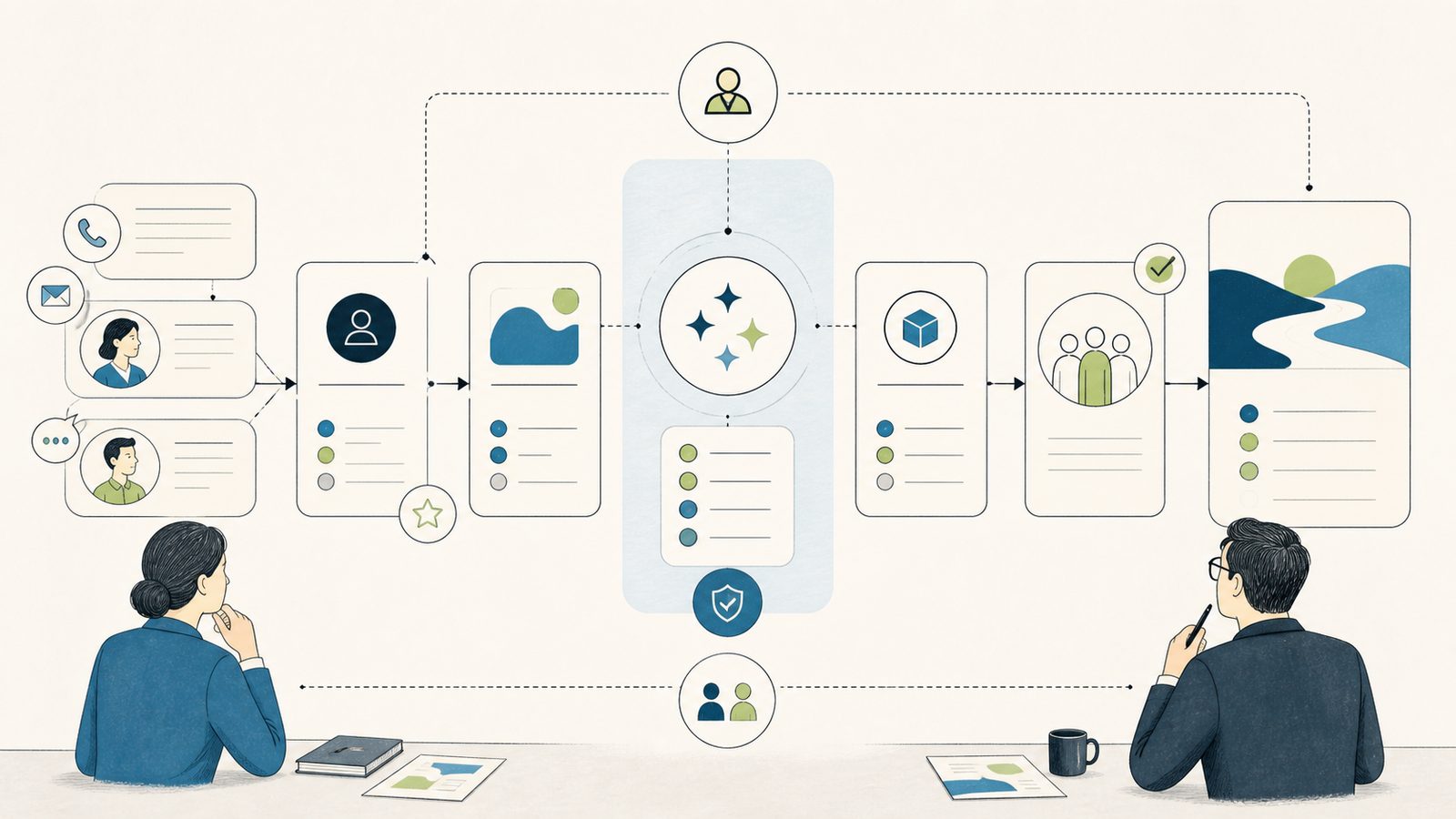 Customer signals move through an AI review checkpoint into a governed delivery handoff while two people supervise the process.