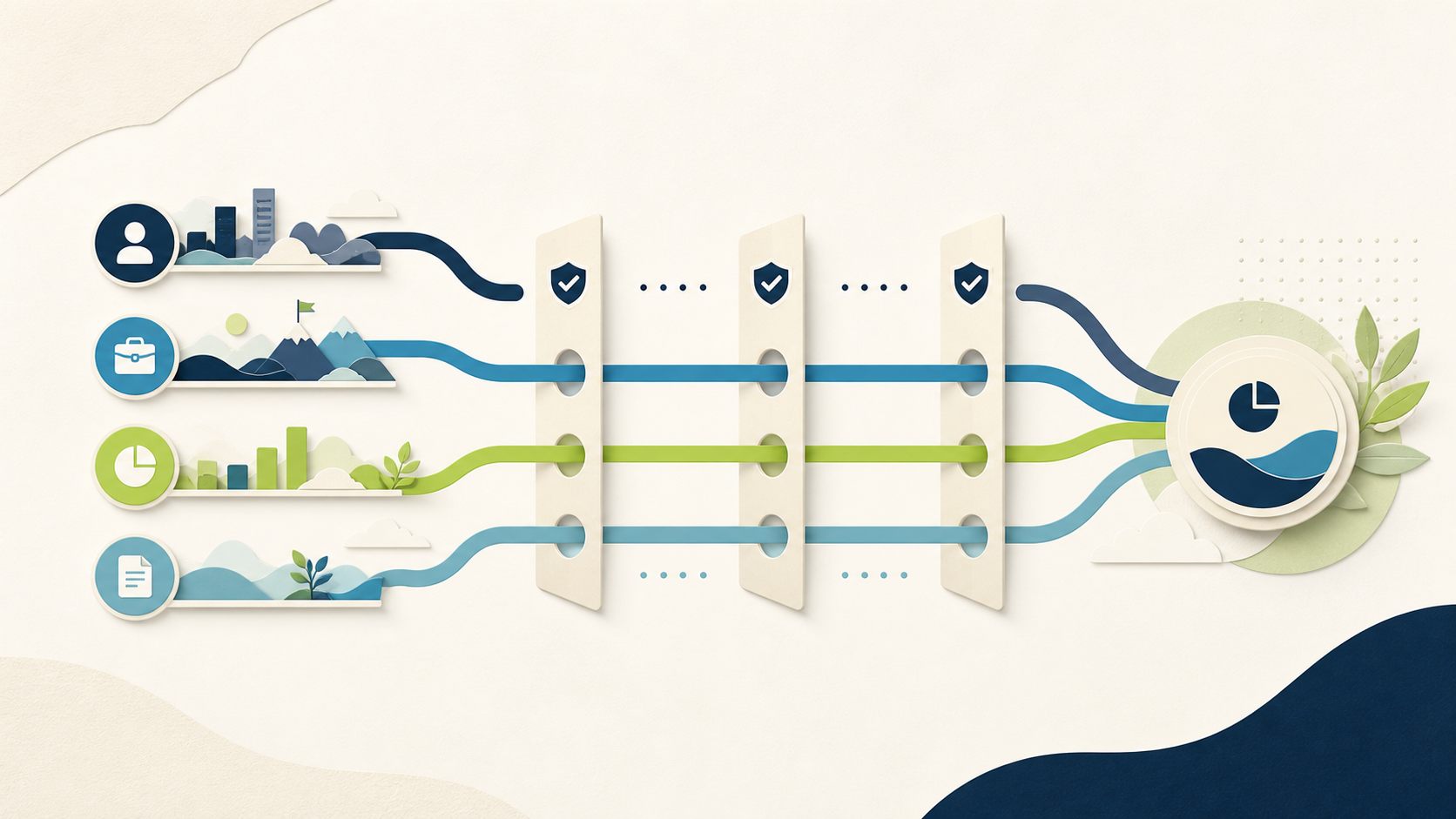 Connected business workflows passing through governance checkpoints into a shared operating view