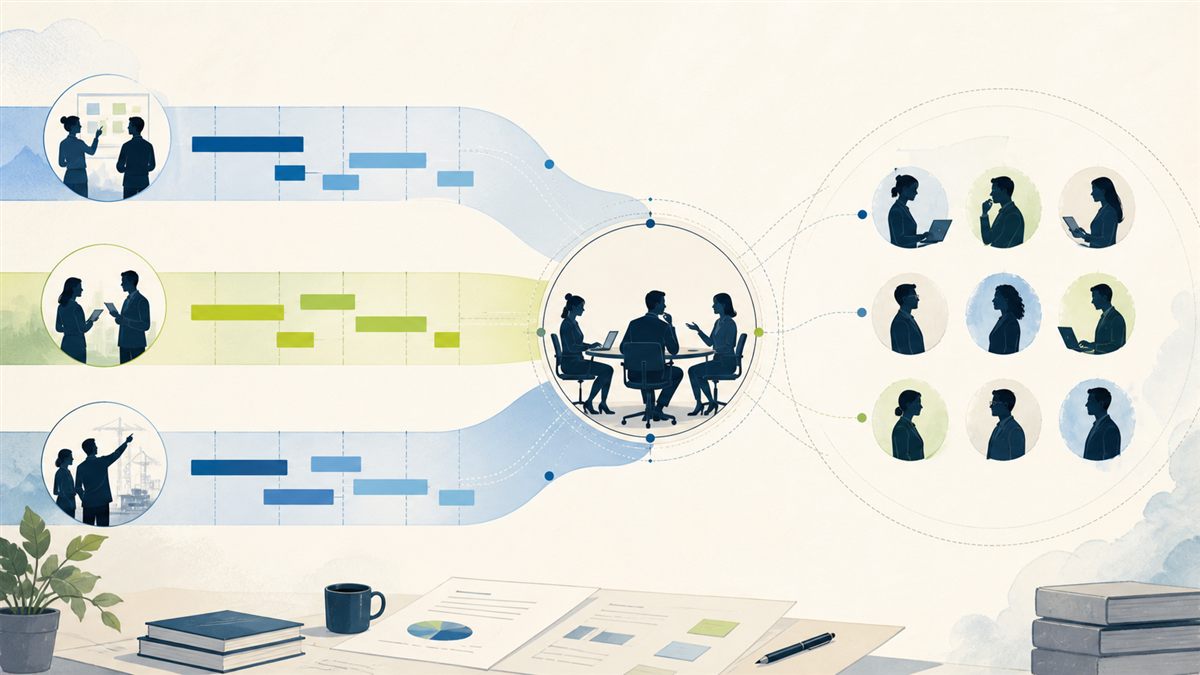 Three consulting project timelines converge on a resource coordination team and a shared pool of specialists.