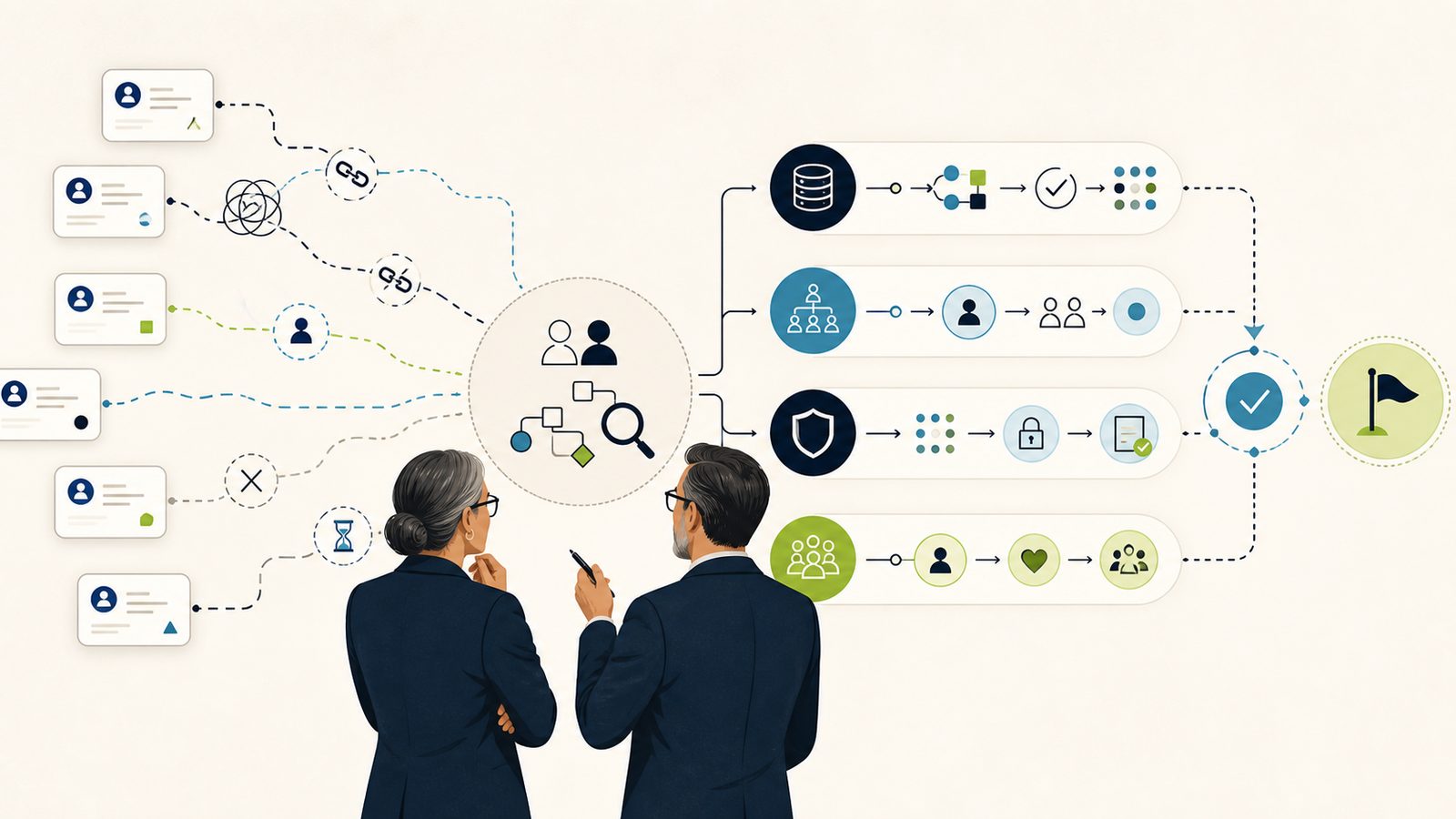 Two leaders guide disordered CRM records through diagnosis into clear data, process, security, and adoption recovery lanes.