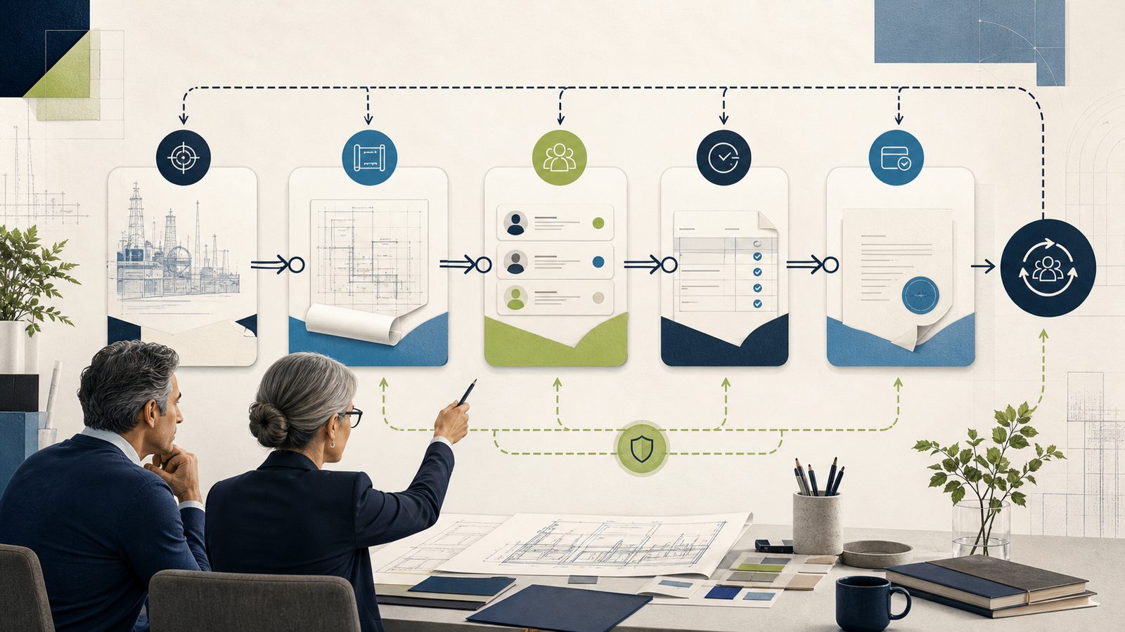 Engineering operations leaders review a five-stage project workflow from scope through billing and improvement.
