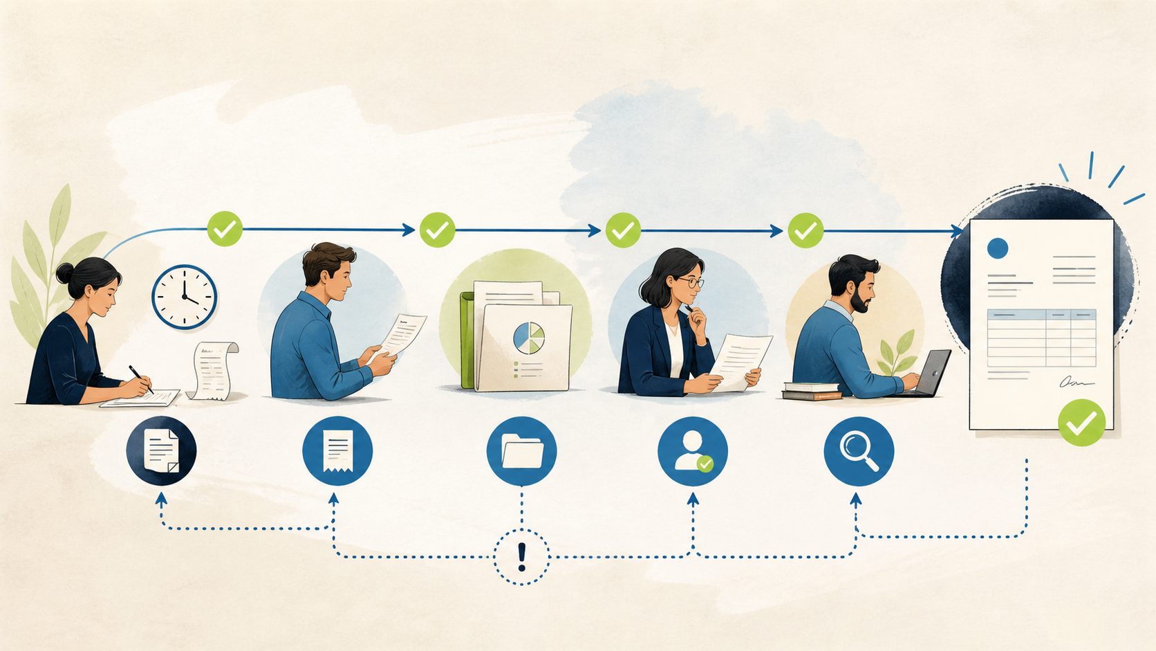 A professional services workflow moves time and expenses through review checkpoints and exception handling to an approved invoice.