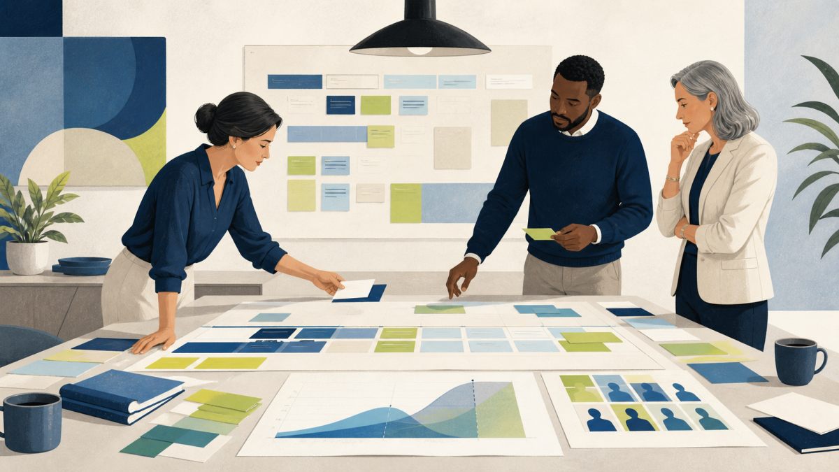 Professional services leaders map project backlog, delivery timing, and staffing capacity around a planning table.