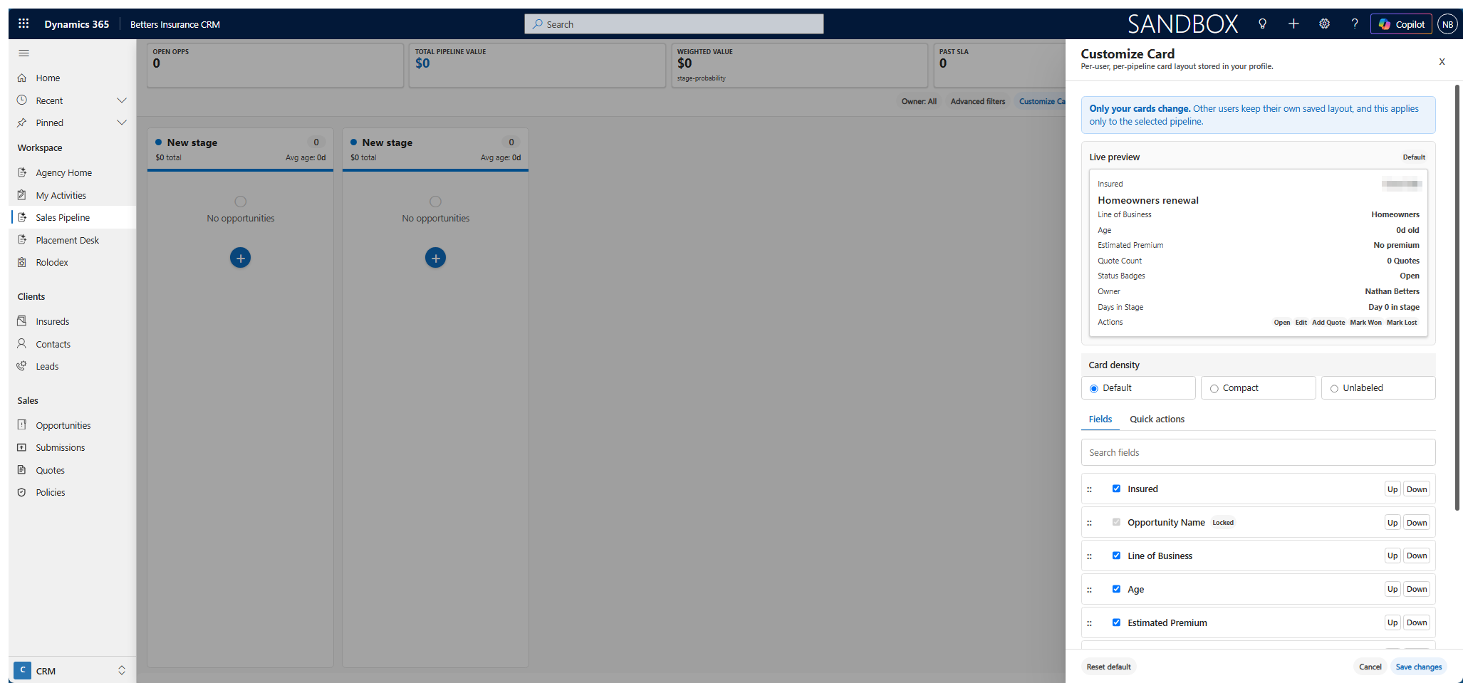 Betters365 Kanban sales board in Dynamics 365 with the Customize Card panel open, showing per-user card fields including Insured, Line of Business, Age, Estimated Premium and Quote Count being reordered.
