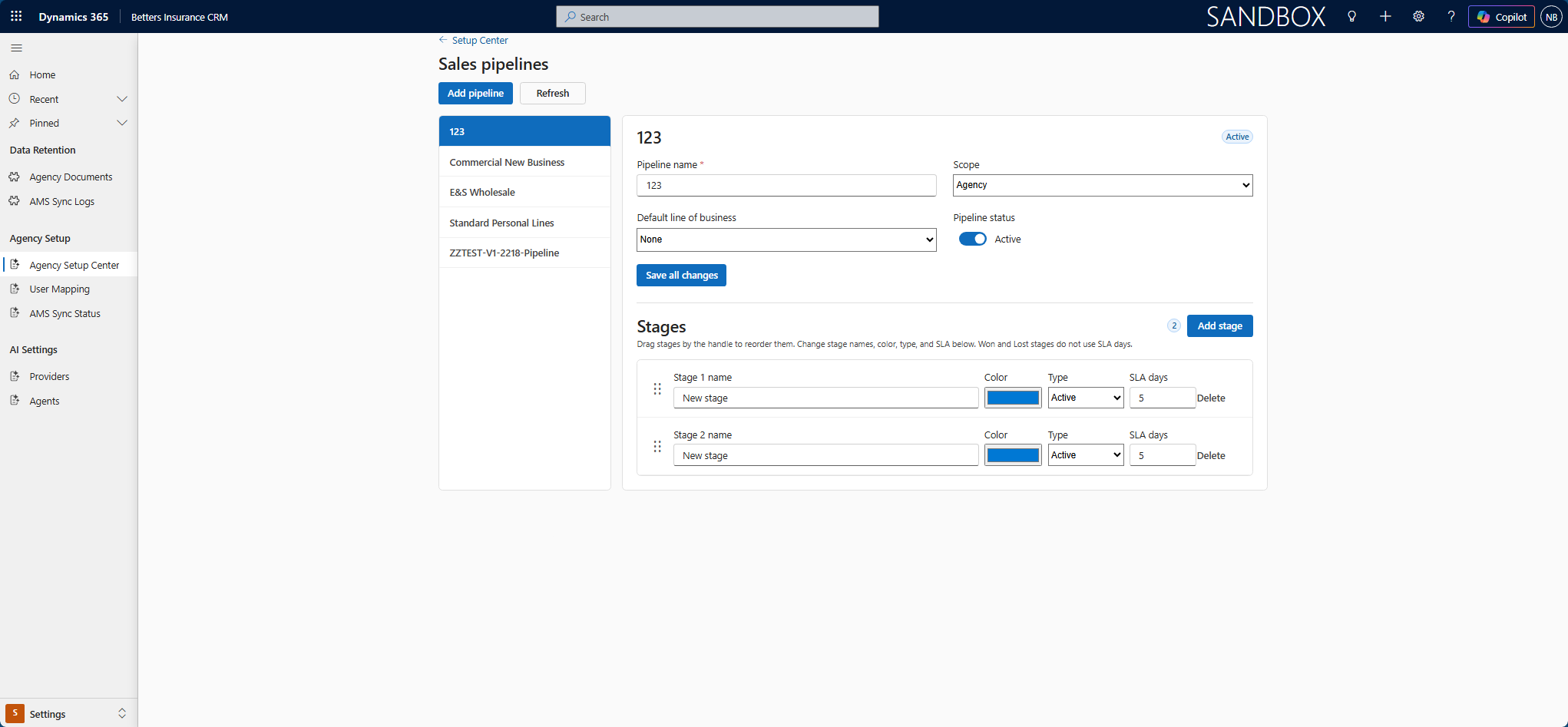 Sales pipeline setup screen in Dynamics 365 showing stages with an editable stage name, colour swatch, stage type and SLA days, with drag handles for reordering the lanes.