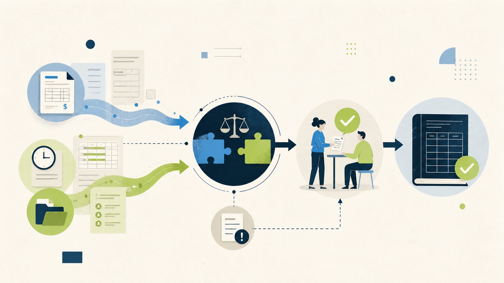 Manual records flow through matching, exception review, human approval, and a reconciled ledger