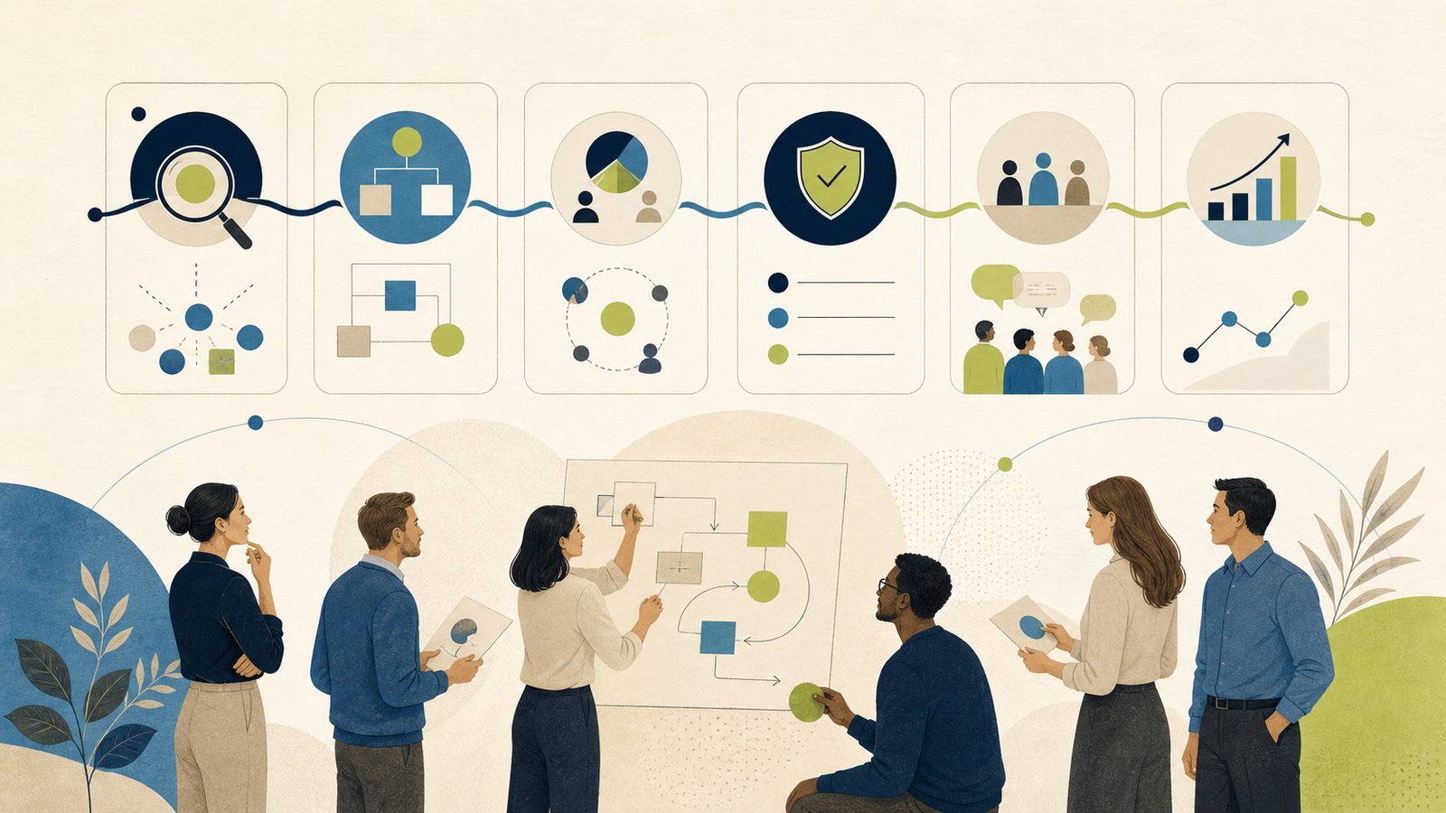 A consulting team maps discovery, design, governance, adoption, and measurement stages for a business workflow.