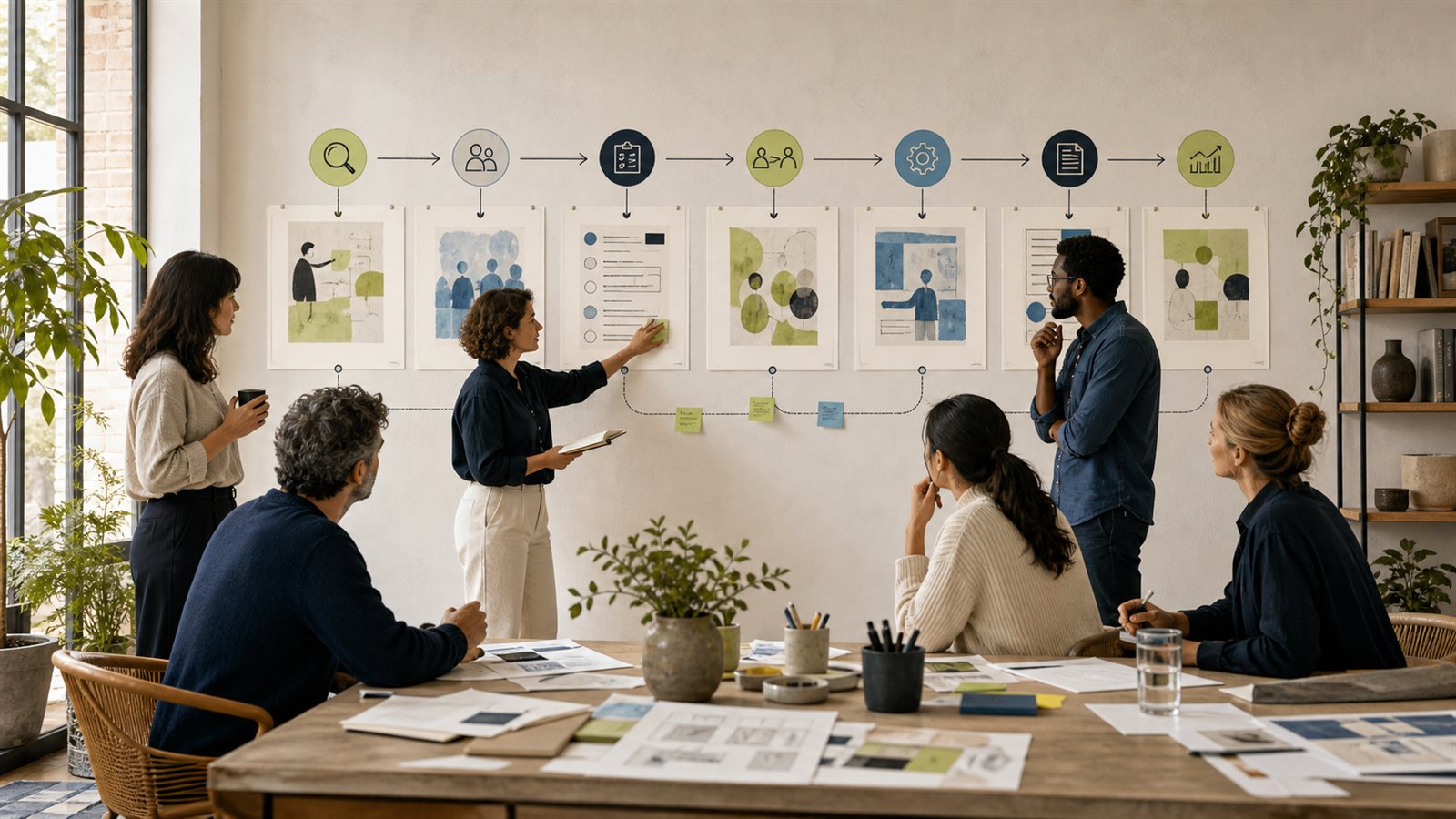 A professional services team maps connected sales, handoff, delivery, and measurement stages on a studio wall.