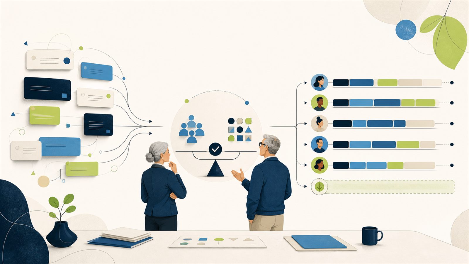 Project demand flows through a human capacity decision into balanced team allocation lanes with one reserved buffer.