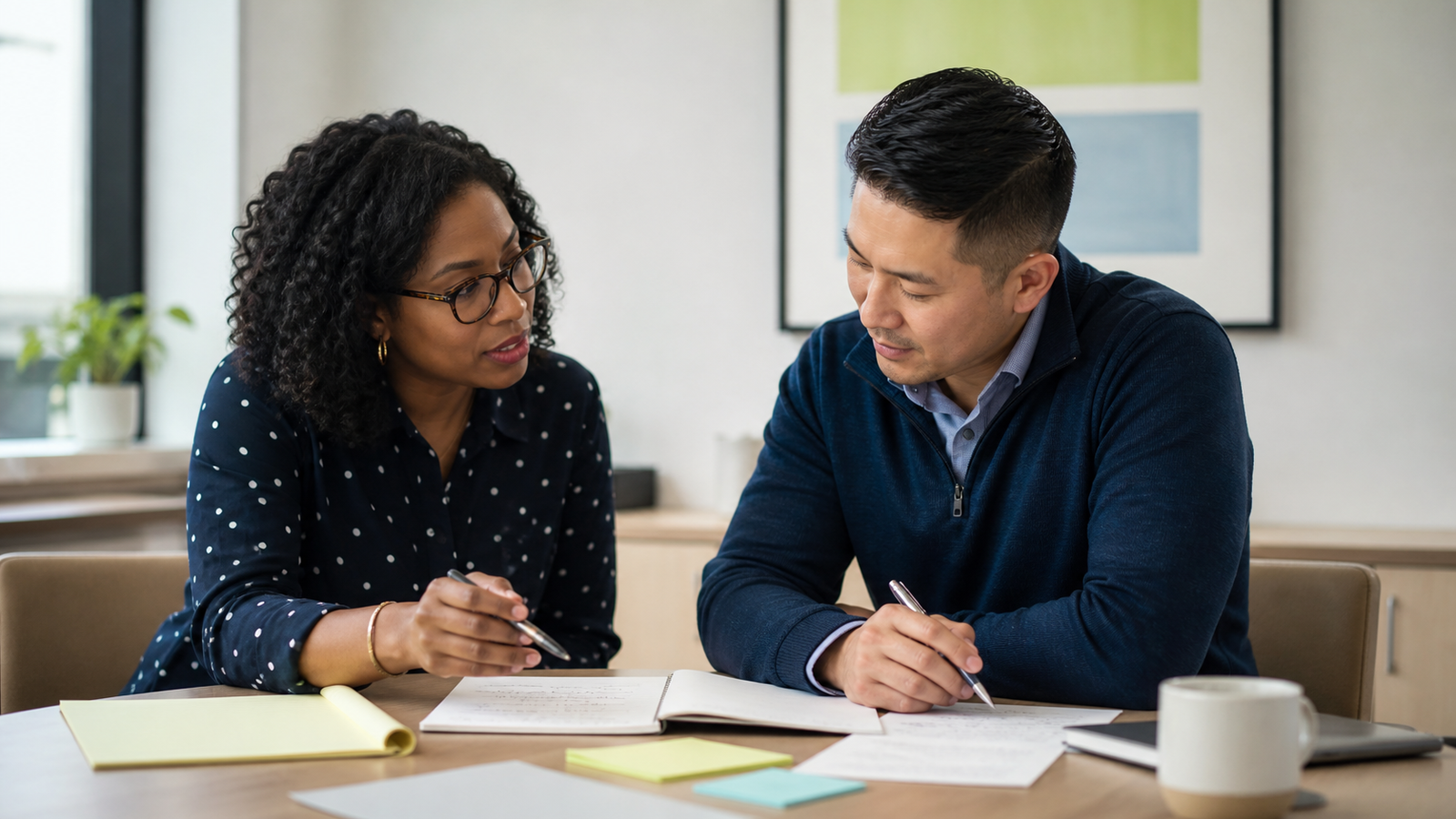 A sales leader and seller review notes together during a coaching conversation