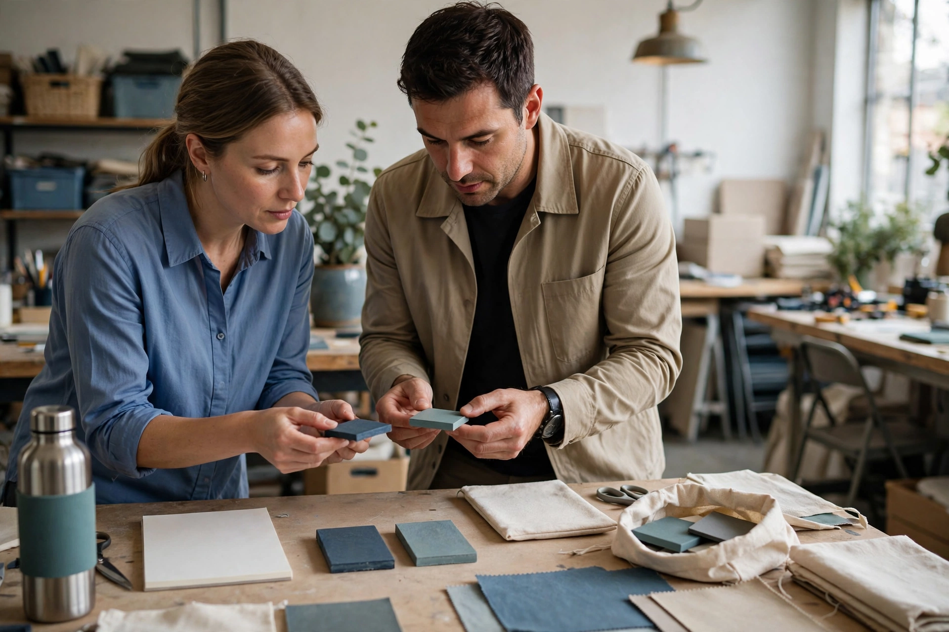 A woman in a blue shirt and a man in a tan jacket examine small square samples at a workbench in a workshop.
