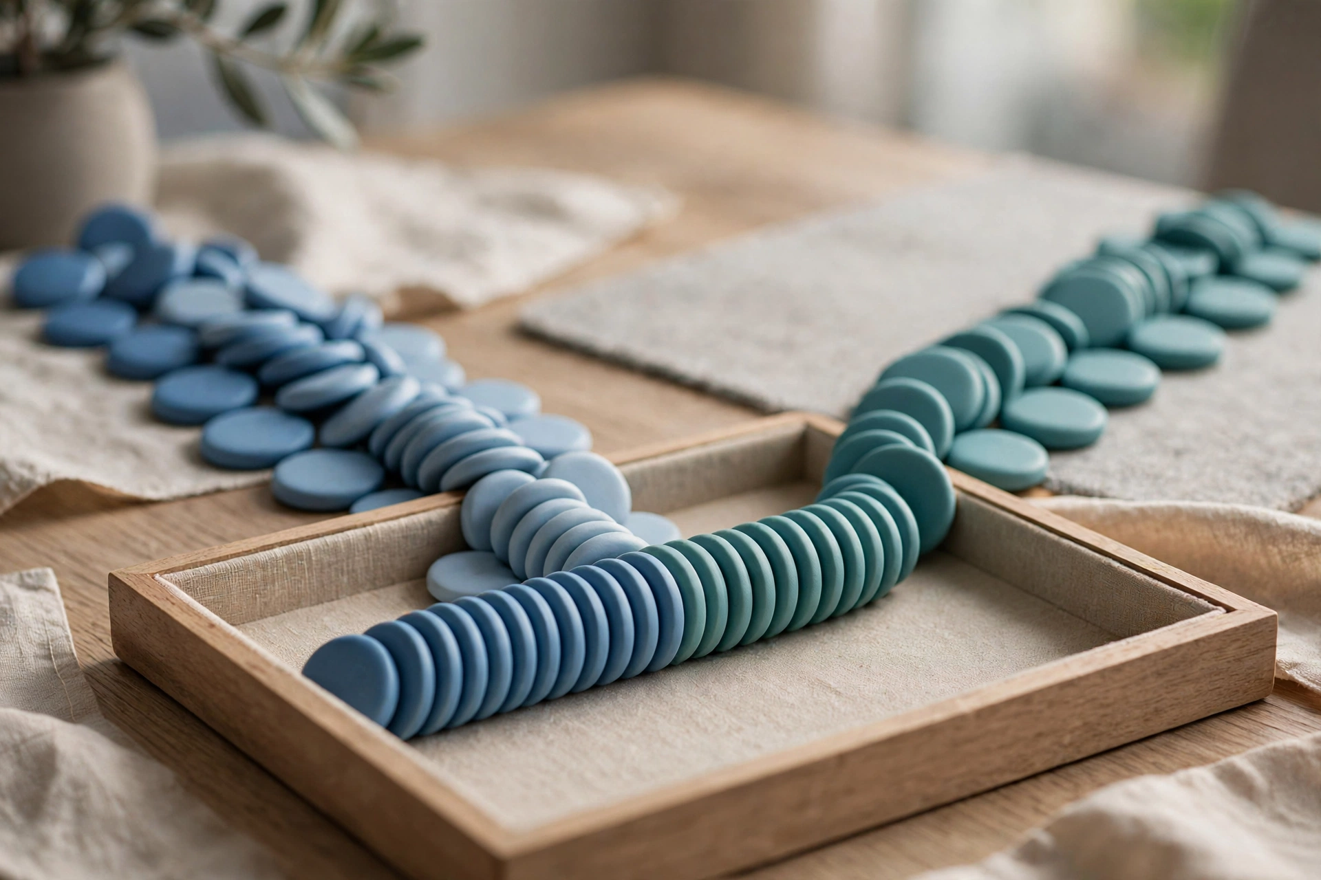 Two streams of blue and teal ceramic tokens converge into one ordered row in a shallow sorting tray on a wooden desk.