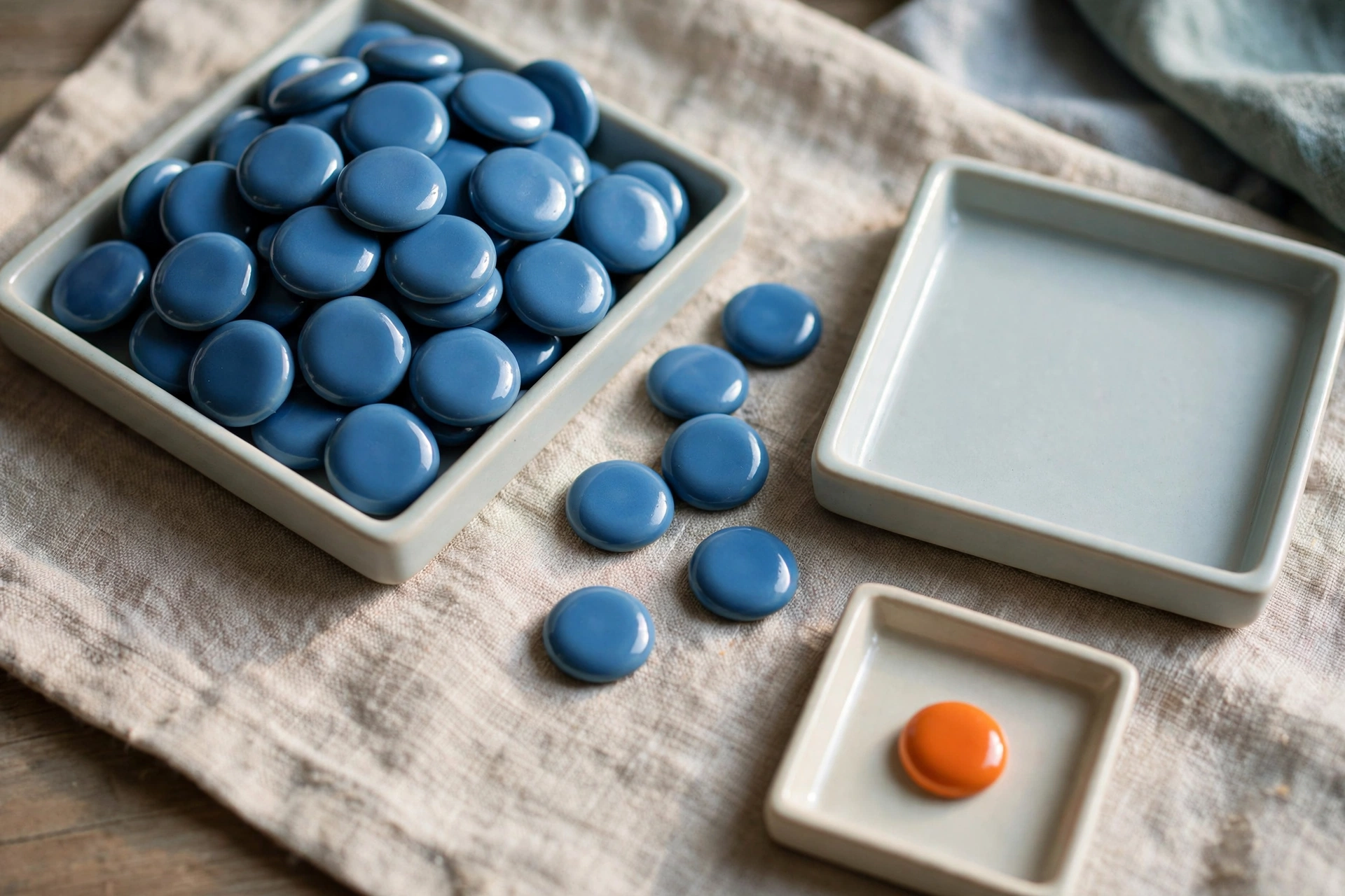 Three shallow trays hold blue ceramic tokens, with one tray containing an orange token, arranged on a textured cloth.