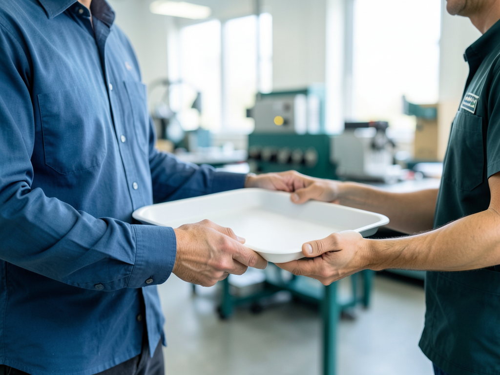 A colleague in a blue shirt hands a white sample tray to another colleague in a green shirt in a manufacturing workshop.