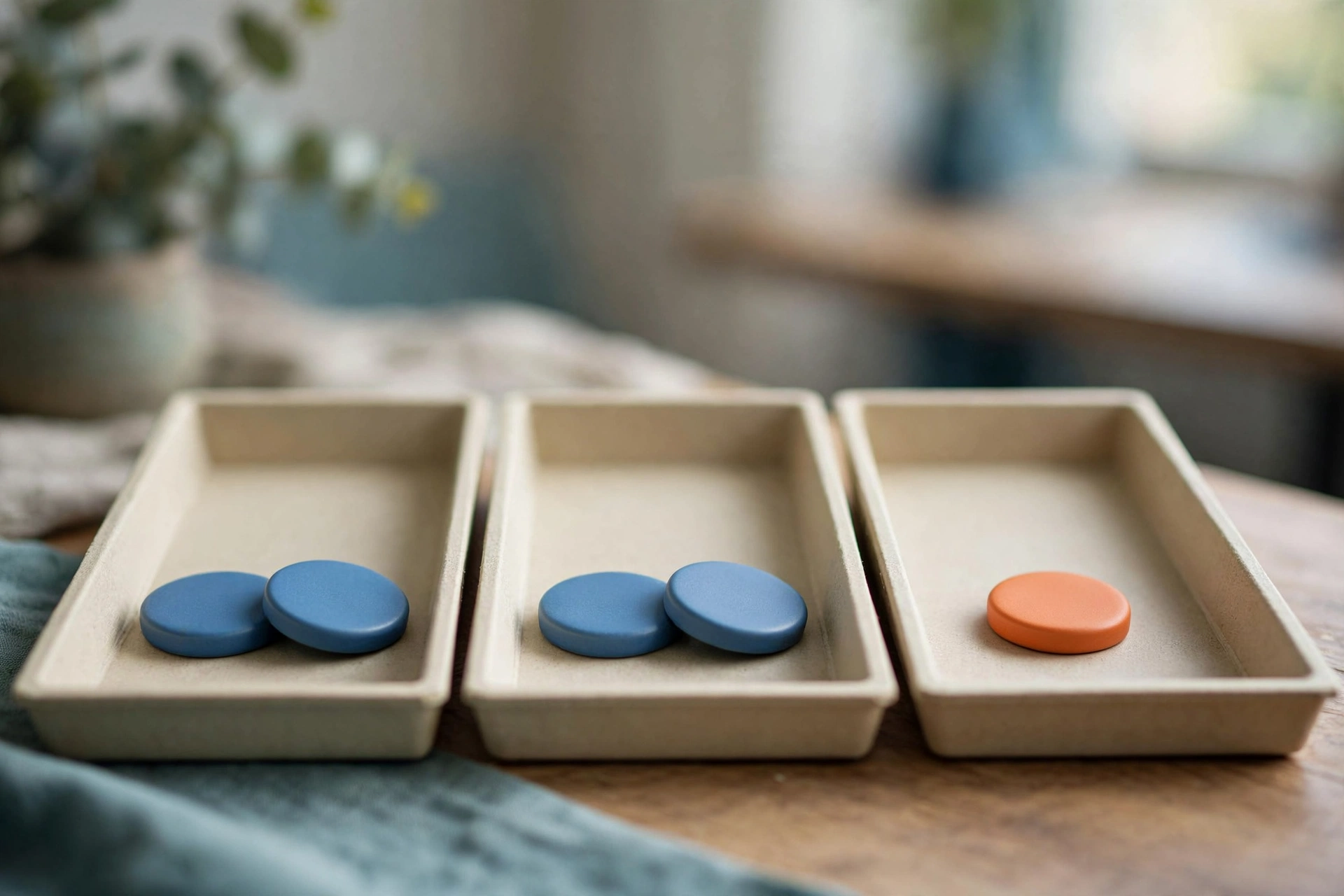 Three shallow office sorting trays sit on a desk, two with matching blue tokens and one with an unmatched orange token.