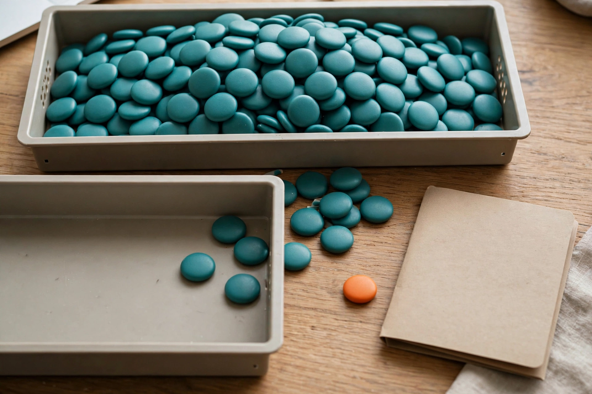Teal tokens are in two trays on a wooden desk, with some tokens scattered between them and an orange token near a closed folder.
