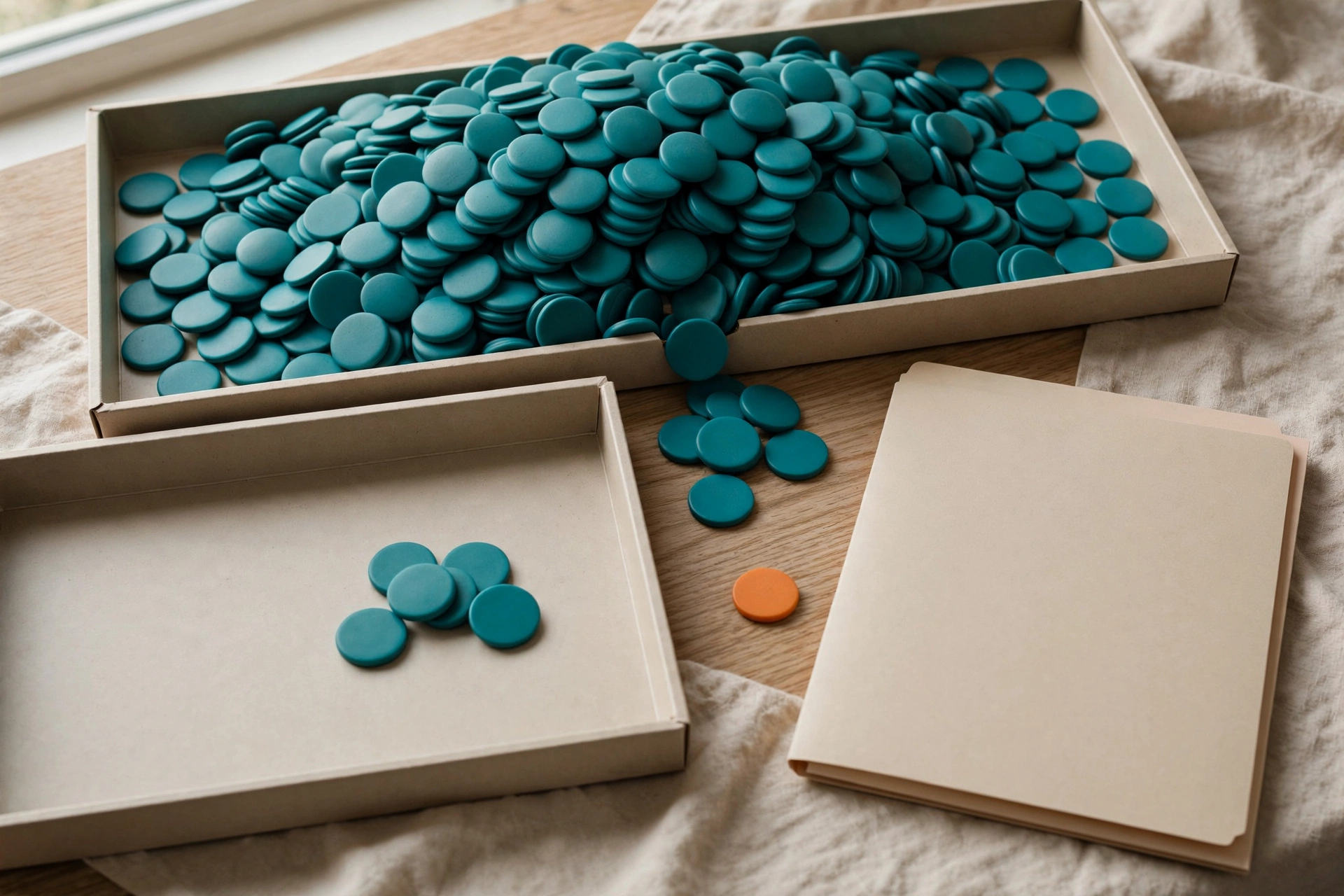 Teal tokens are piled in a tray, with some scattered in another tray and on a wooden surface next to an orange token and a folder.