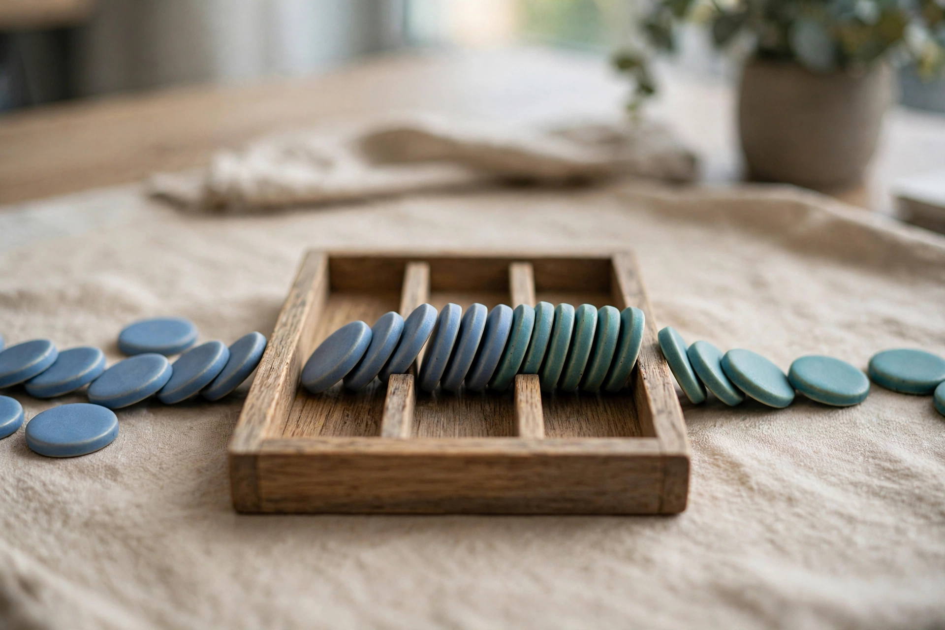 Blue and teal ceramic tokens converge into a wooden sorting tray on a neutral cloth.