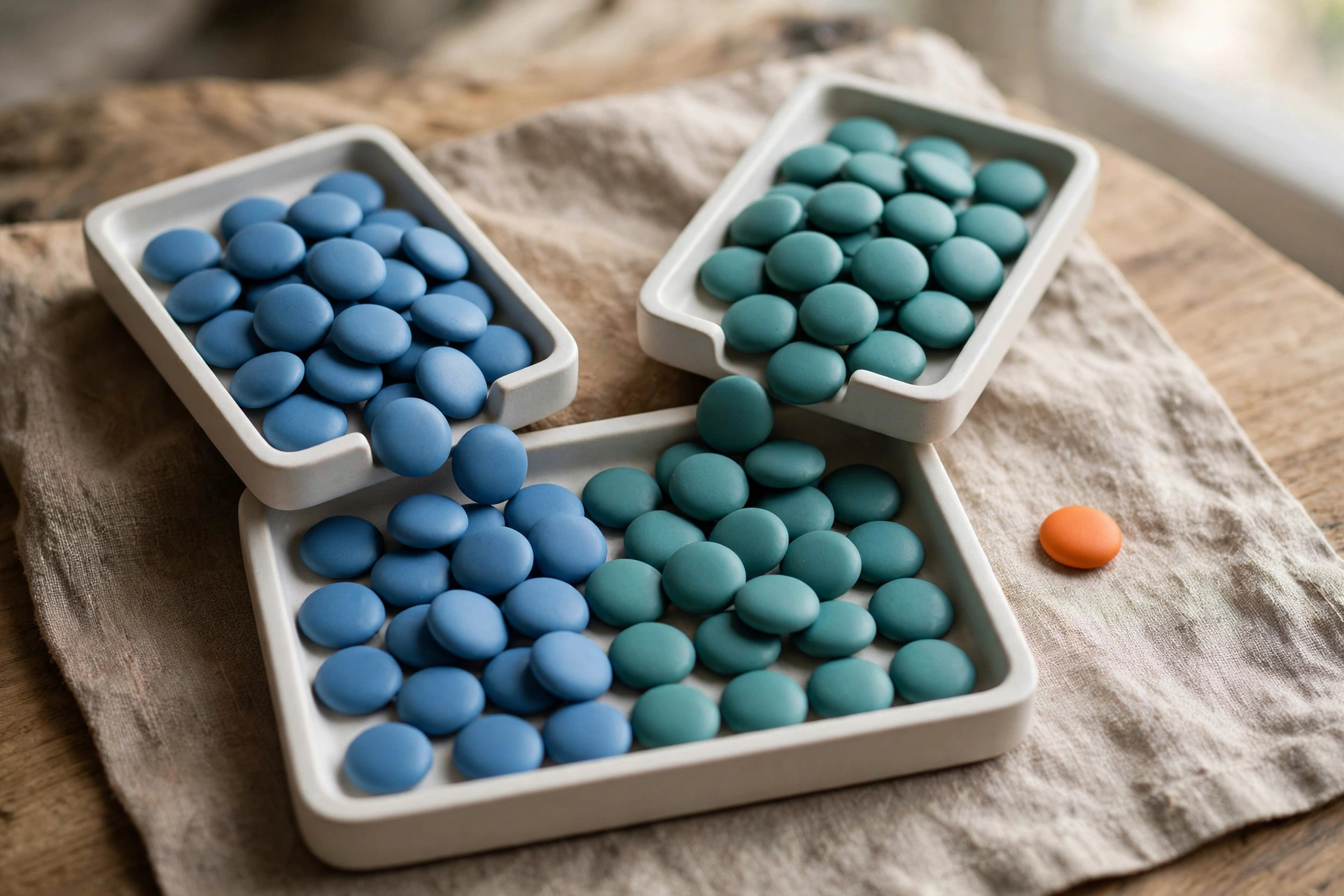 Two trays of blue and teal tokens converge into a single tray, with one orange token beside it.