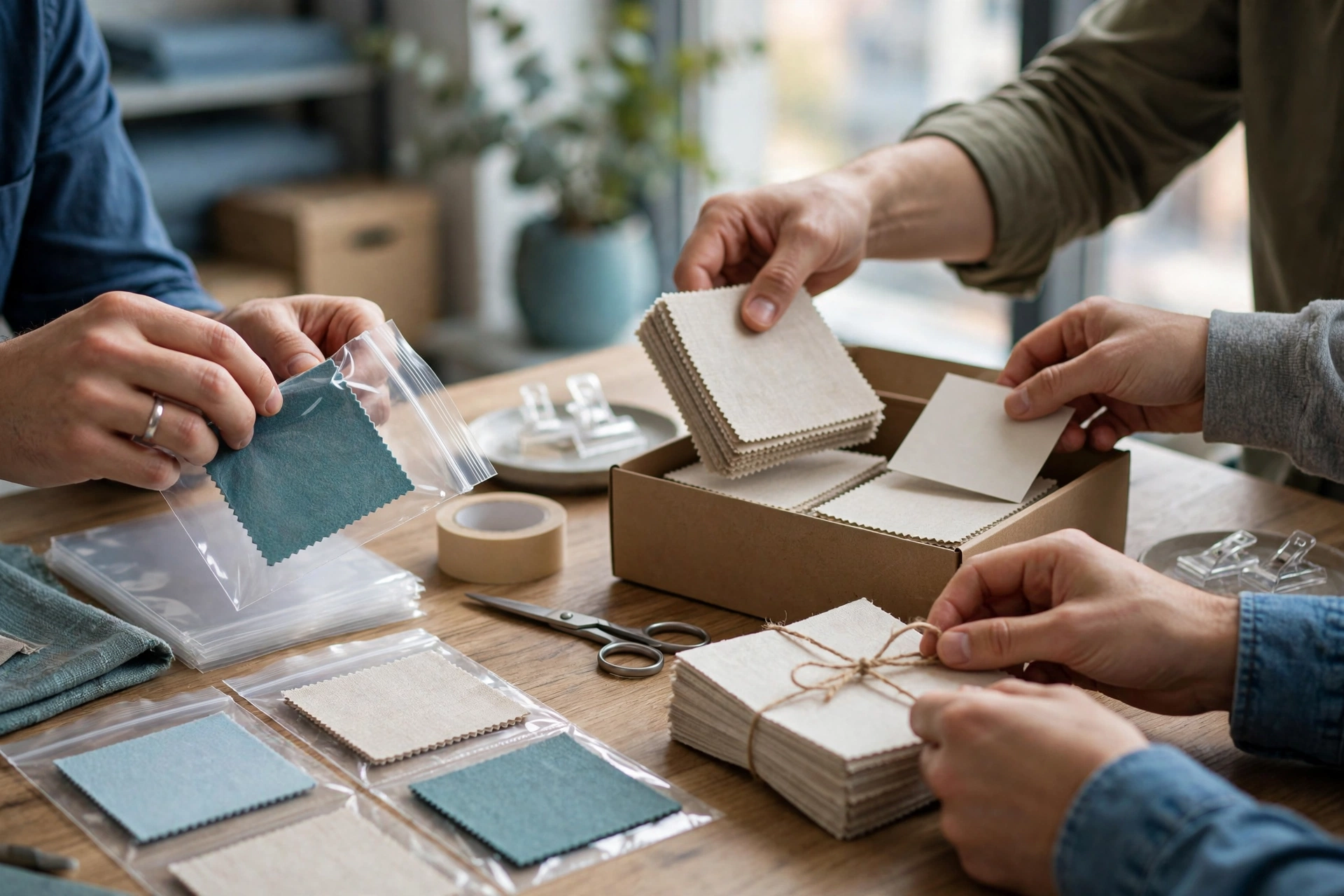 Several people's hands are visible as they organize and package small fabric samples on a wooden table.