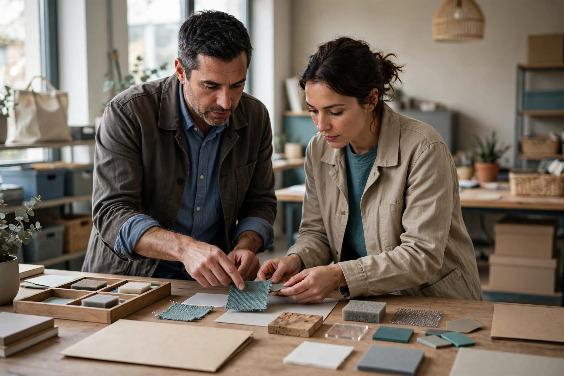A man and a woman examine fabric samples on a wooden table in a workshop setting.