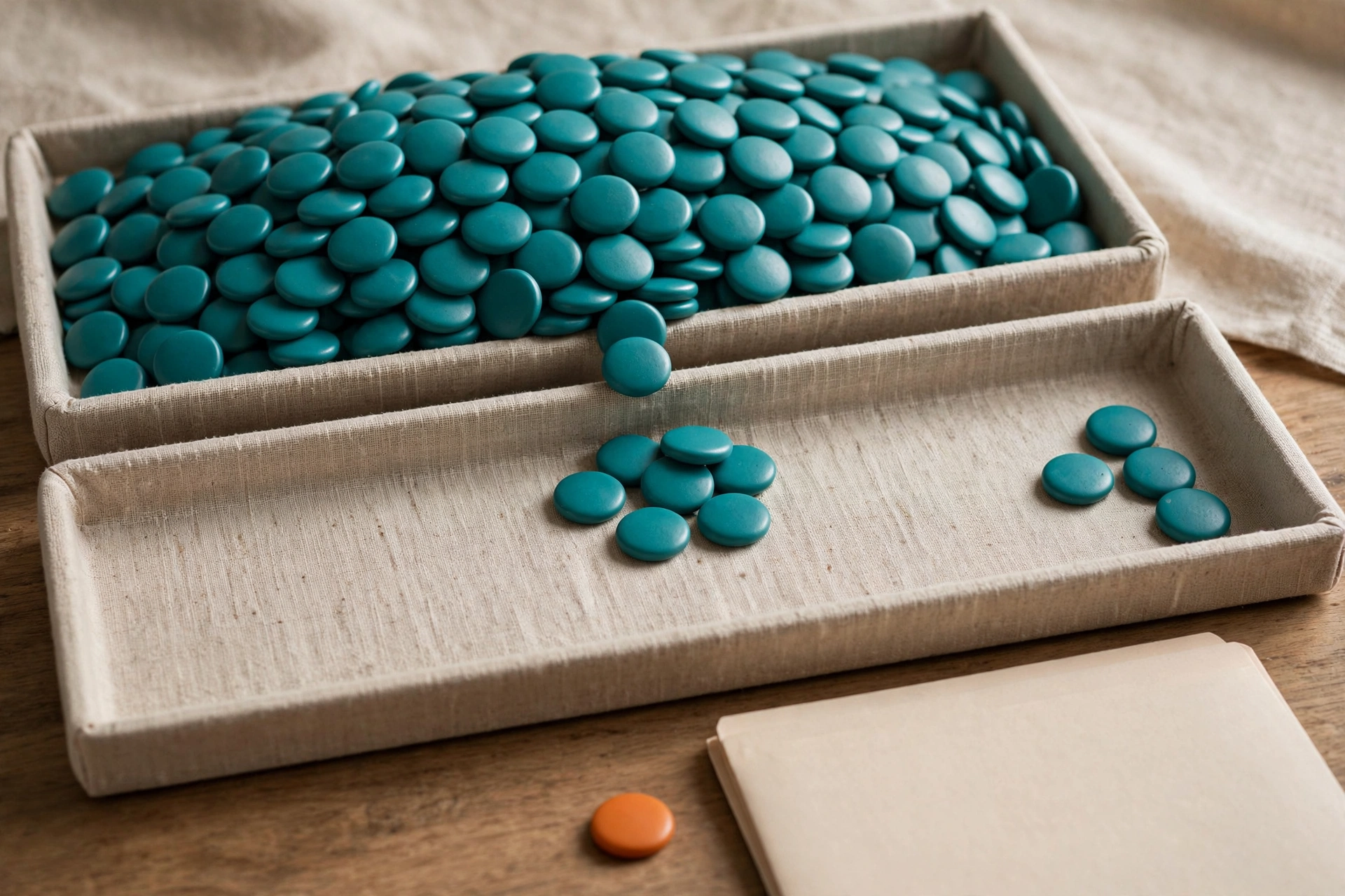 Teal tokens are piled in a tray, with some scattered in another tray and on a wooden surface next to an orange token and a blank folder.