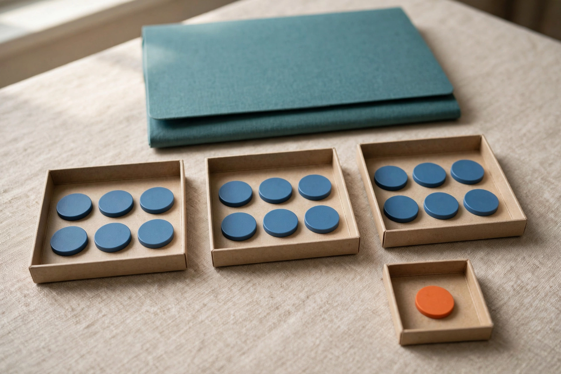 Blue tokens are distributed in three trays, with one orange token in a separate small tray, and a teal folder behind.