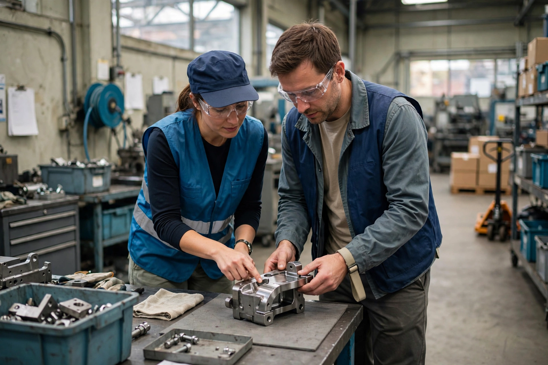 A man and woman wearing safety glasses and work vests inspect a metal component in a factory setting.