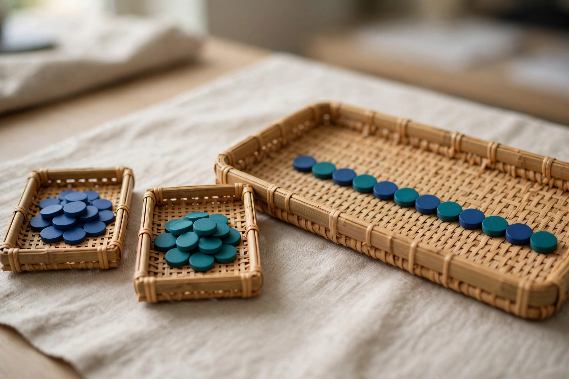 Two small woven trays hold blue and teal tokens, while a larger tray displays a neat sequence of both colors, symbolizing data consolidation.