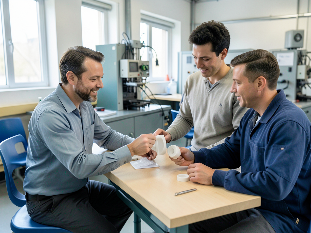 Three men compare white sample parts at a clean assembly station with machinery in the background.