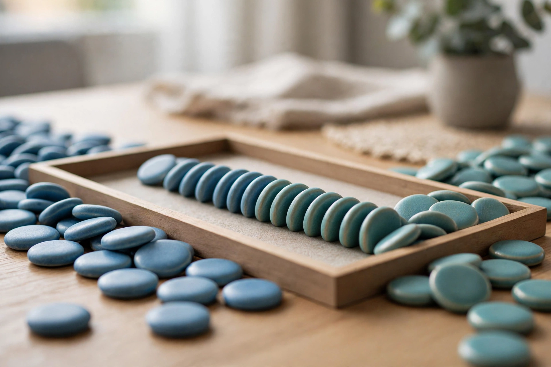 Blue and teal ceramic tokens converge into a single ordered row within a wooden sorting tray on a desk.