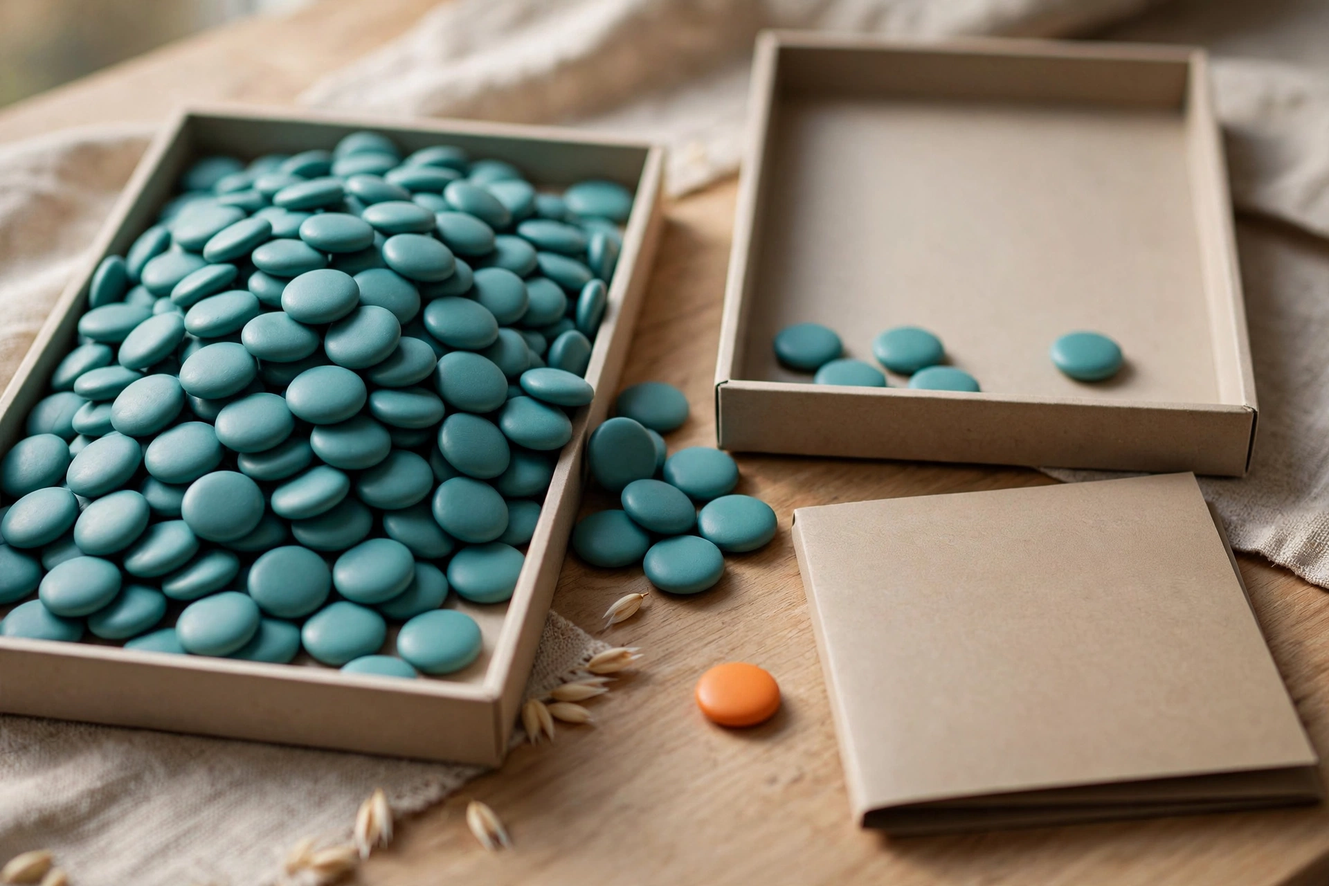 Teal tokens fill one tray, while another tray holds a few tokens, with a group of tokens between them and an orange token near a folder.